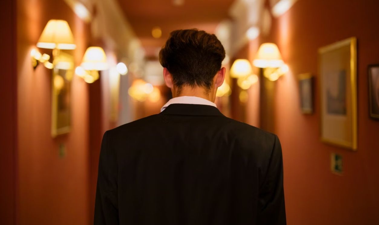 Rear view of man in black suit walking down a warmly lit hotel corridor.