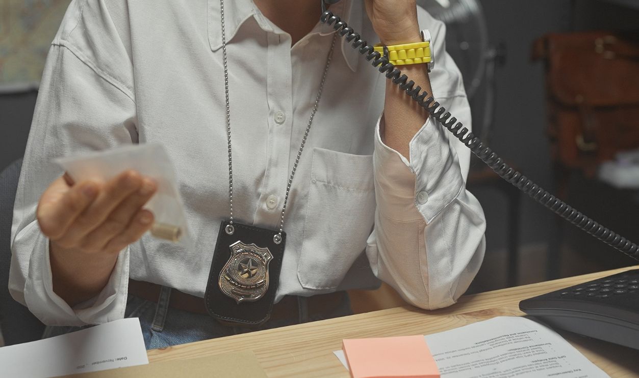 A focused young woman detective in an office, examining documents and talking on the phone, with evidence boards and files in the background