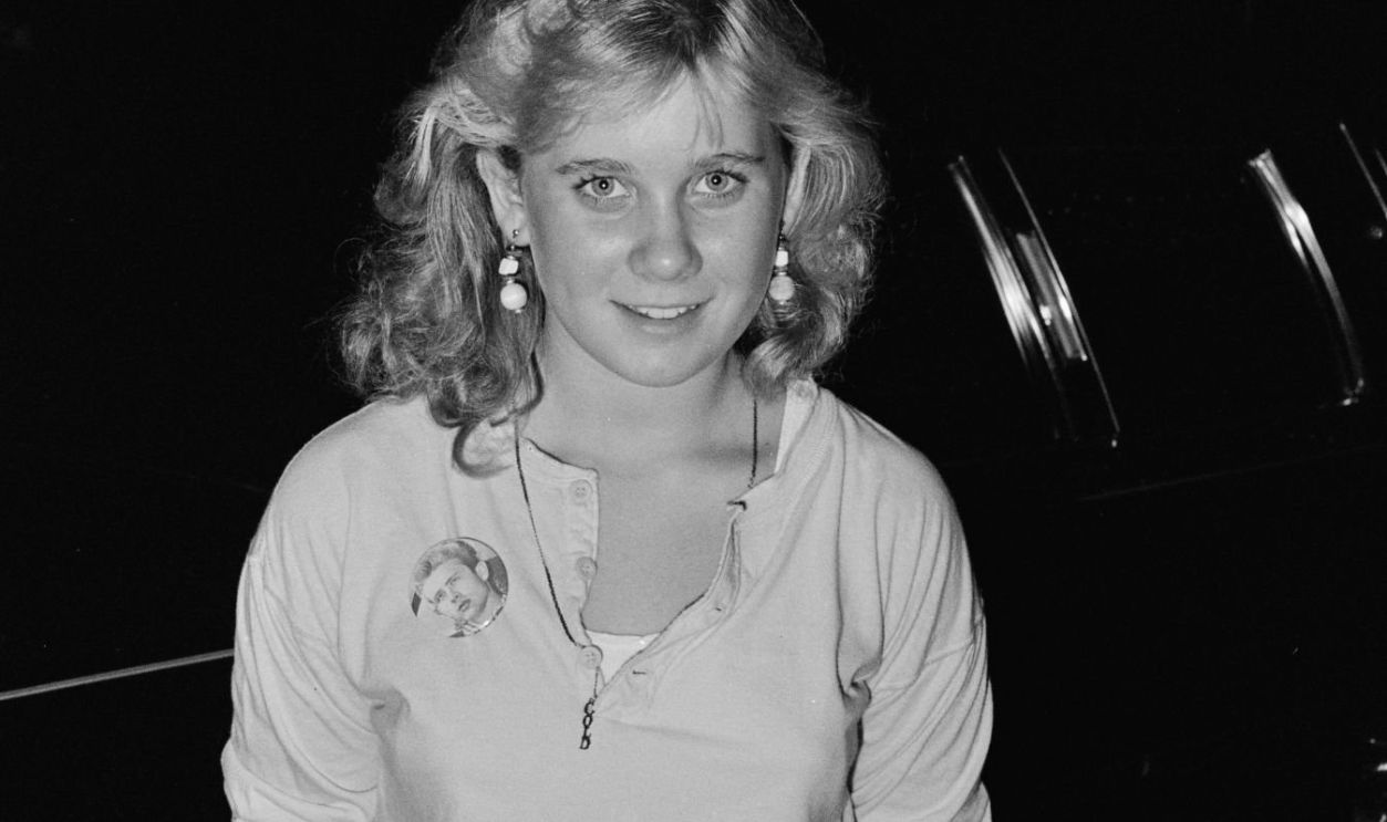 American child actress Missy Gold, circa 1985. She is wearing a James Dean badge. 