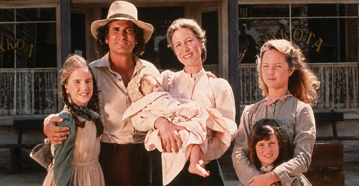 The cast of the television series 'Little House on the Prairie'. Clockwise from left: actors Melissa Gilbert, Michael Landon, Karen Grassle, Melissa Sue Anderson, and Lindsay or Sidney Greenbush. 