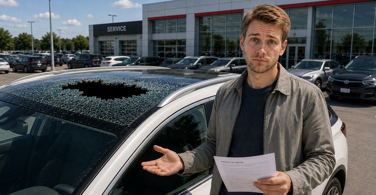 AI-generated image of a man worried about his shattered panoramic glass roof.