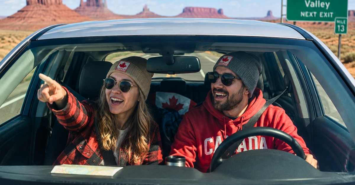 Excited Canadians on road trip.