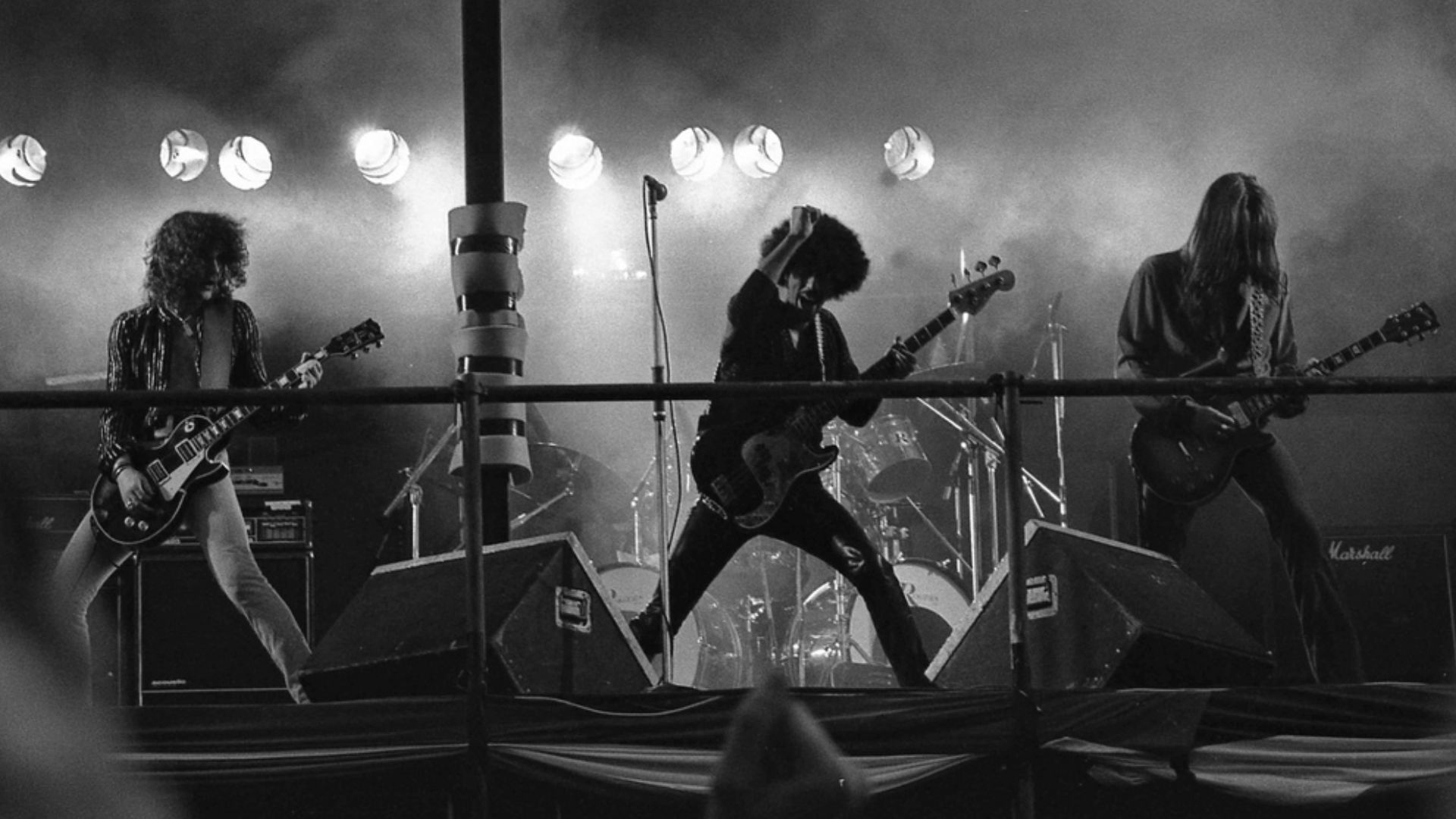 Thin Lizzy, performing at the 1978 Pinkpop festival: L to R: Brian Robertson, Phil Lynott, Scott Gorham, and Brian Downey (not visible at the drum kit)