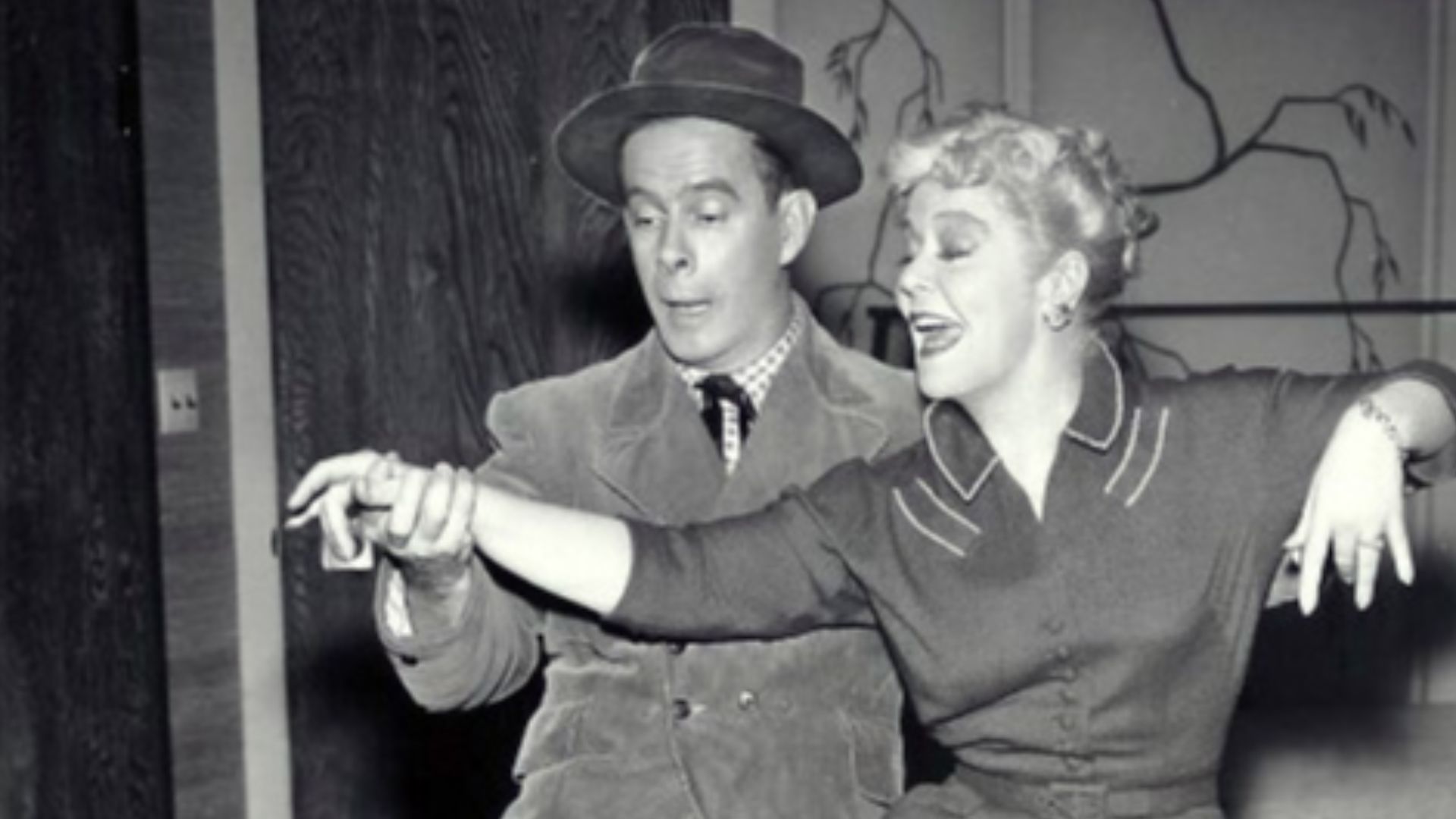 Photo of Harry Morgan as Pete Porter and Spring Byington as Lily Ruskin from the television program December Bride. In this episode, Pete helps his friend, Matt (Dean Miller), with a story he's told an old army buddy.  Pete pretends to be an Italian immig