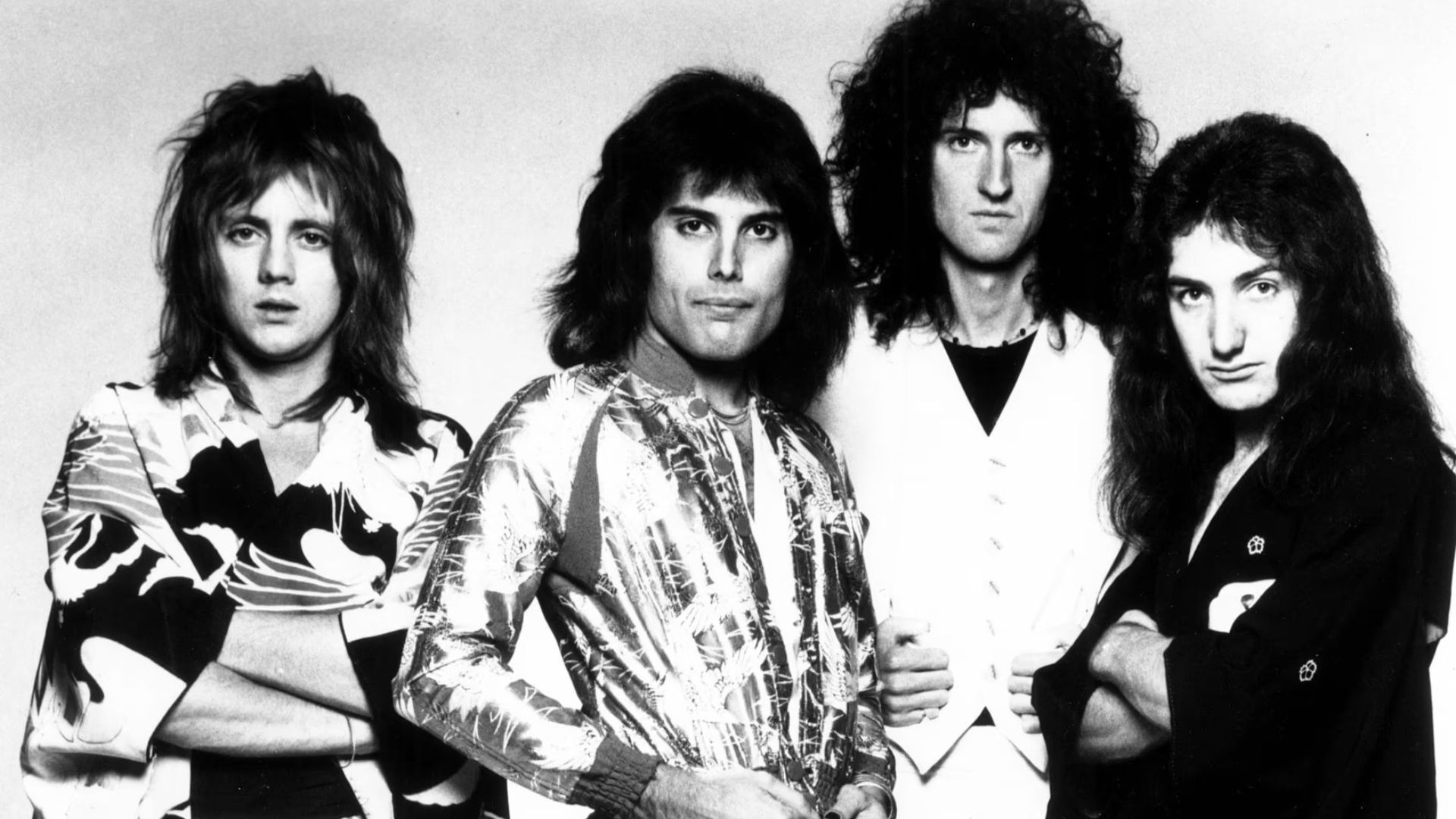 Musical group Queen, in a 1975 promotional photo for their album A Night At The Opera. Photo was published by their American label Elektra Records.