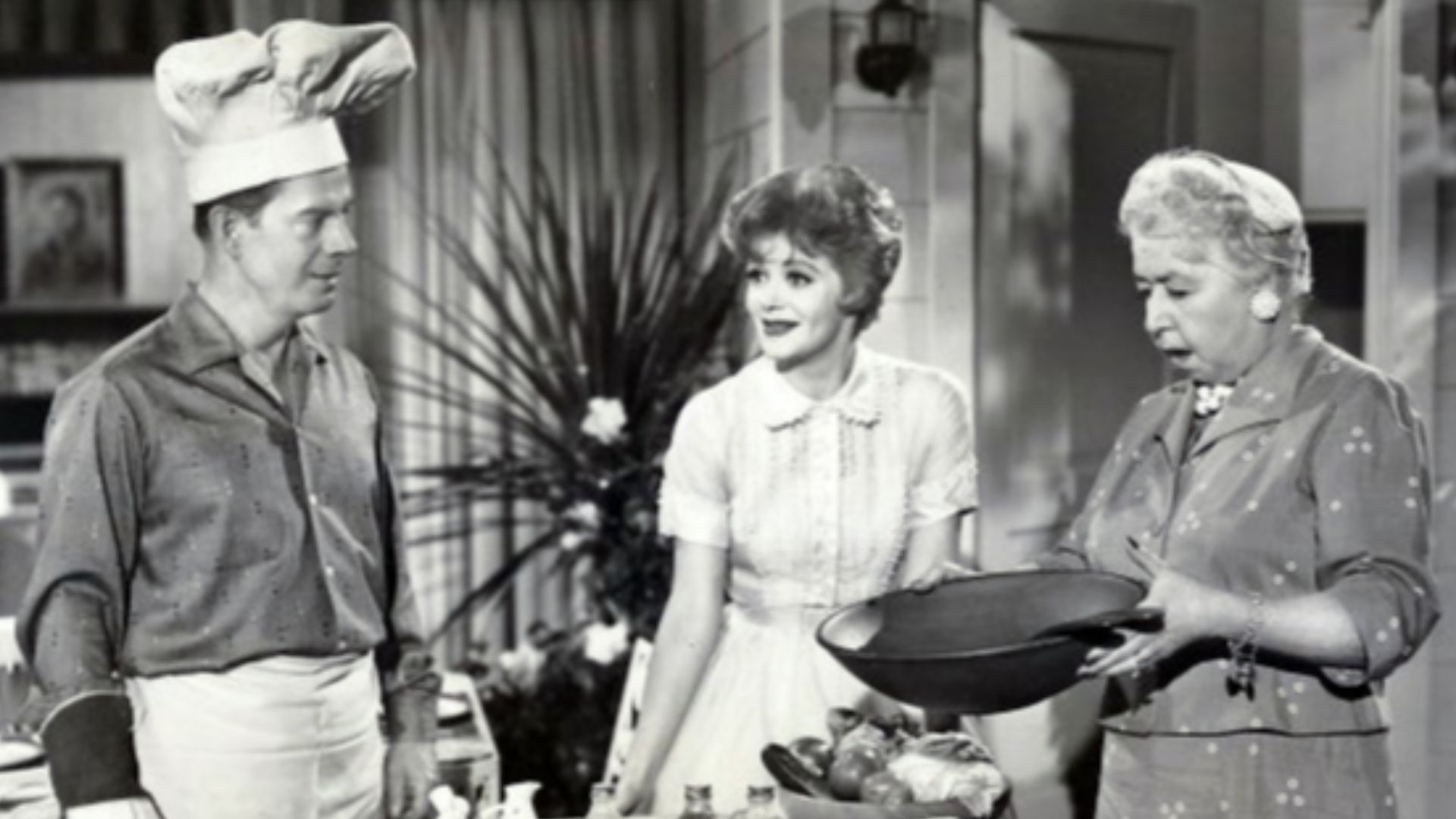 Photo of Harry Morgan as Pete Porter, Cara Williams as his wife, Gladys, and Verna Felton as Hilda Crocker from the television program Pete and Gladys.  The show was a spin off of December Bride; the characters Pete and Hilda were seen on the show, but Pe