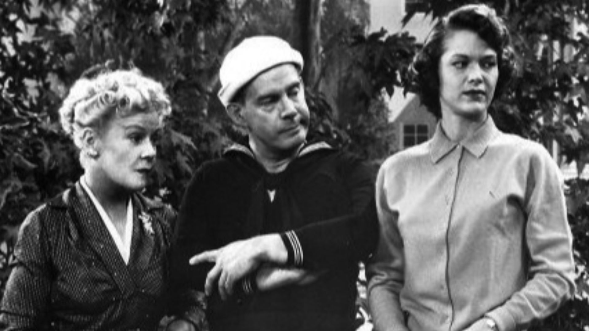 Photo from the television program December Bride.  From left-Spring Byington (Lily Ruskin), Harry Morgan (Pete Porter), Frances Rafferty (Ruth Henshaw).  When Lily accidentally destroys an original photograph, her daughter, Ruth, and neighbor, Pete, try t