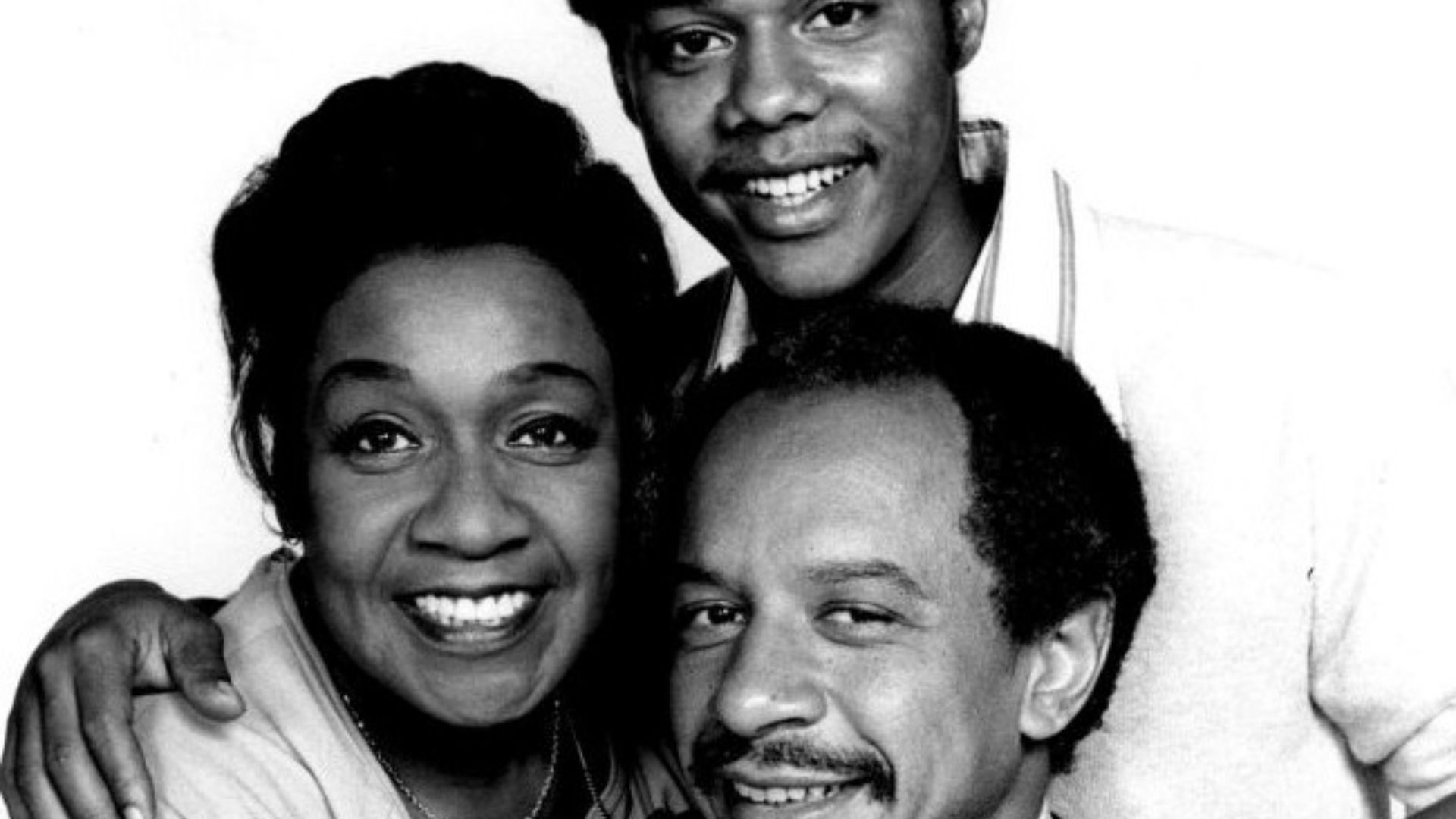 Publicity photo of American actors Isabel Sanford, Sherman Hemsley and Mike Evans promoting the upcoming January 18, 1975 premiere of the television series The Jeffersons.
