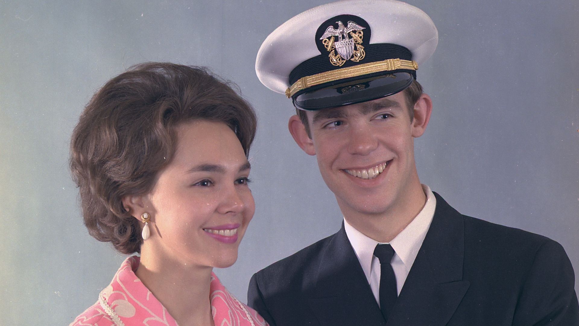 Portrait of Julie and David Eisenhower (David in U.S. naval uniform), grandson of President Dwight D. Eisenhower.