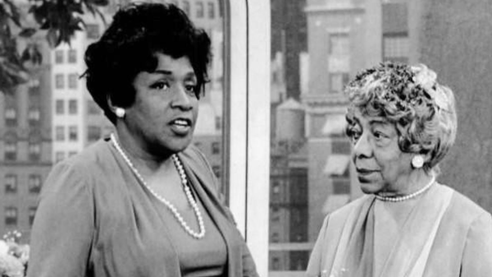 Photo of Sherman Hemsley (George Jefferson), Isabel Sanford (Louise Jefferson) and Zara Cully (George's mother, Mother Jefferson) from the television program The Jeffersons.