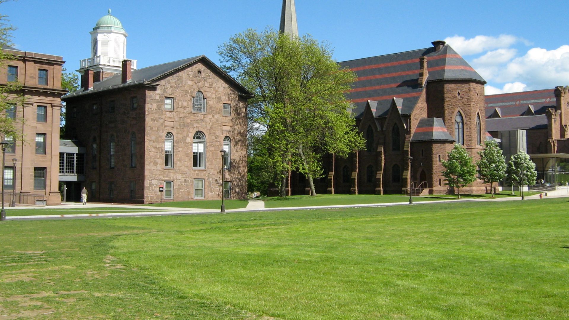 Rear view of College Row, Wesleyan University. (L to R) : North College, South College, Memorial Chapel, Patricelli '92 Theater, Judd Hall (not pictured)