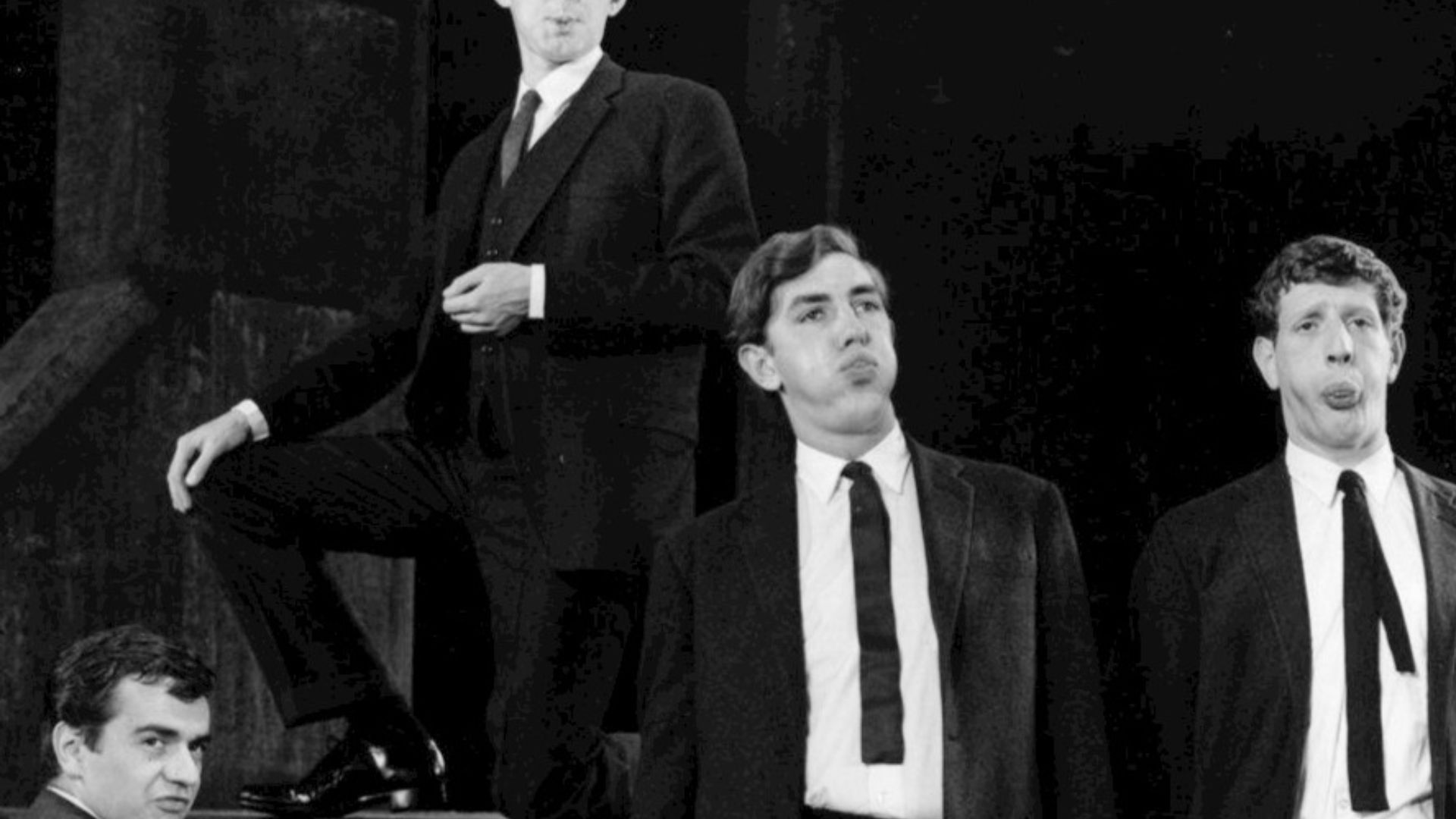 Original cast of Beyond the Fringe.  From left: Dudley Moore, Alan Bennett, Peter Cook and Jonathan Miller. The revue played on Broadway from 1962 to 1964.