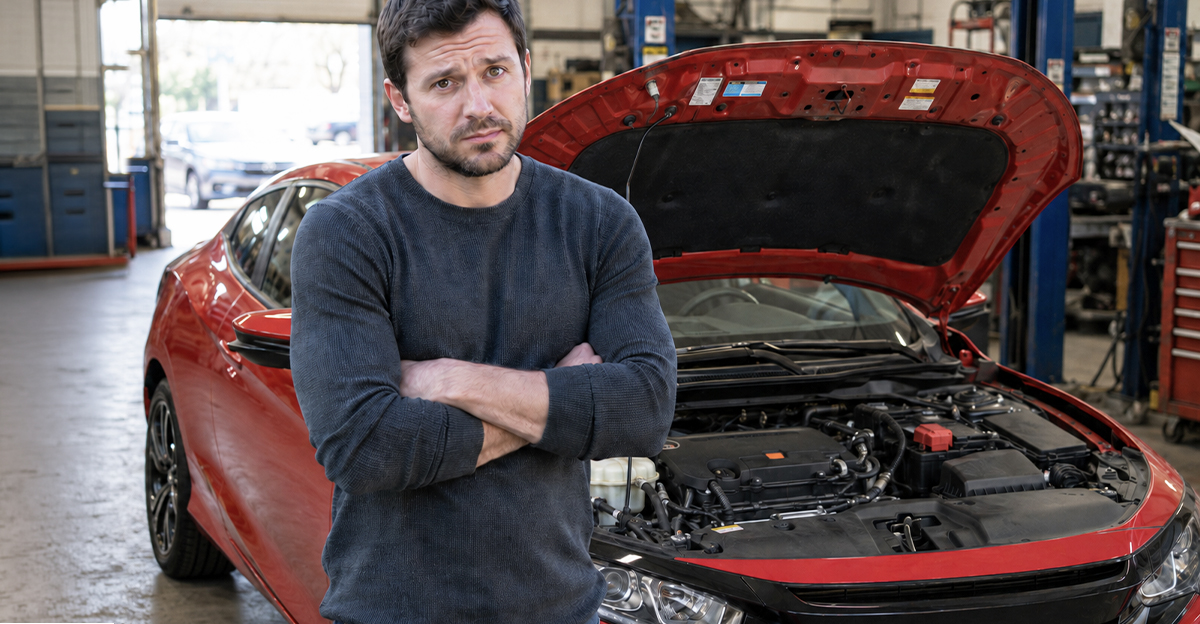 AI-generated image of a man worried about maintenance on his turbocharged engine.