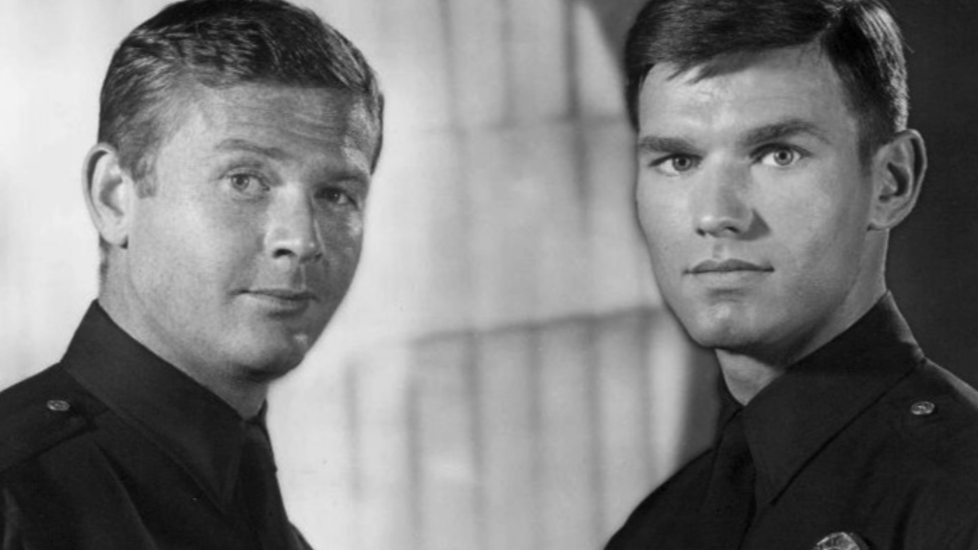 Photo of Martin Milner (left) as Malloy and Kent McCord as Reed from the television program Adam-12. The storyline was about two police officer partners-one a veteran (Malloy) and one a rookie (Reed).