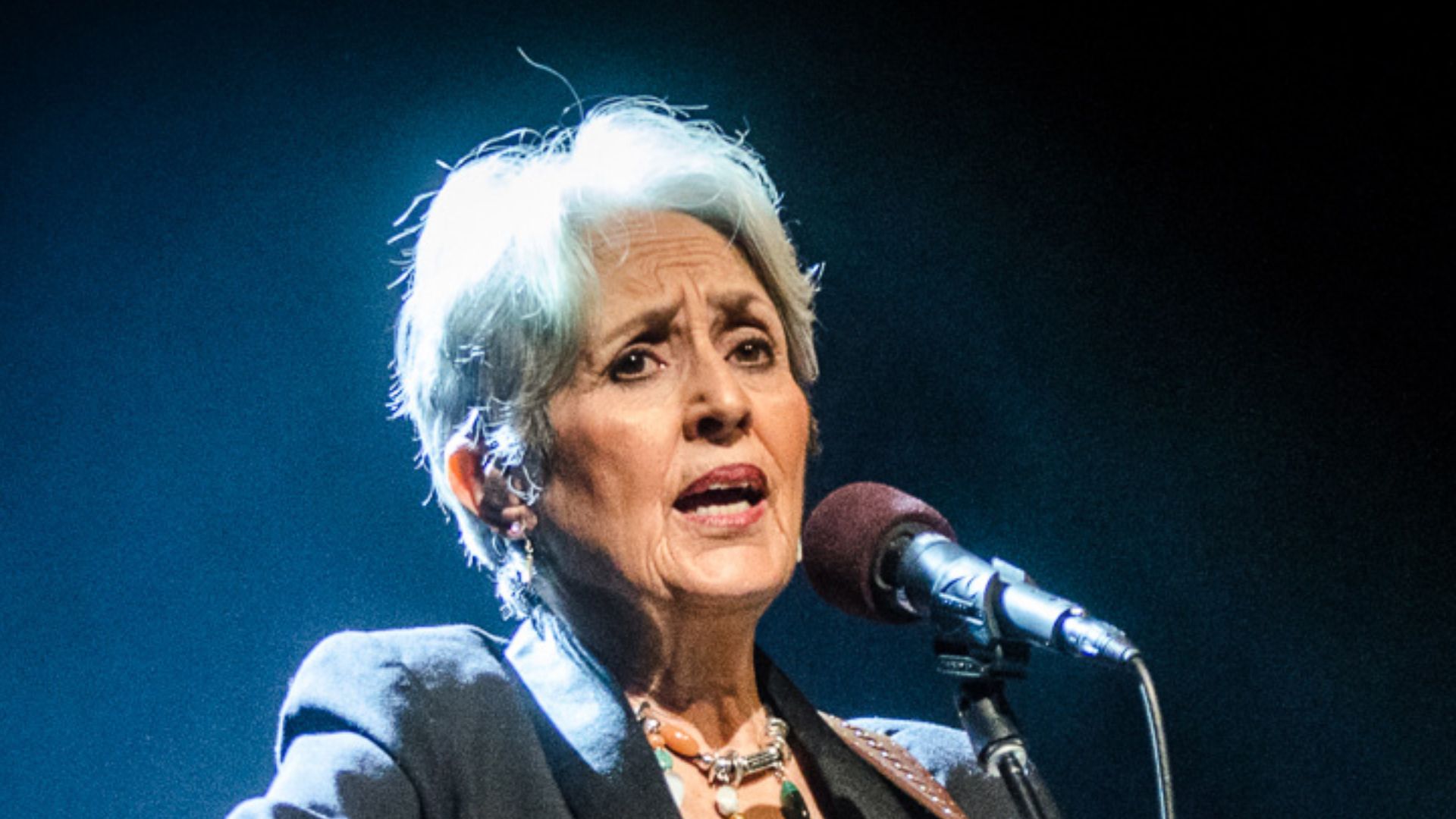 Joan Baez singing to a sold out audience in Albany, New York at the Egg Performing Arts Center. Photo by Jim Gilbert