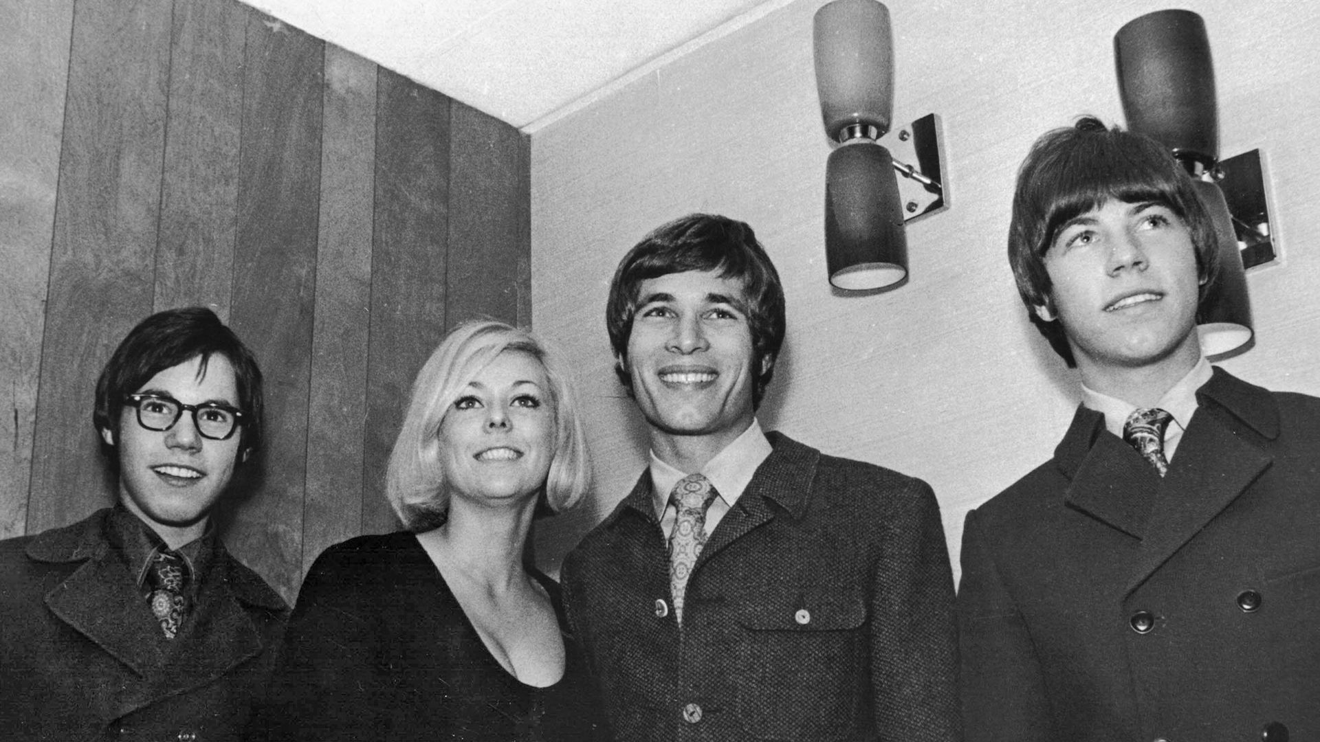 The stars of the CBS-TV series MY THREE SONS make a personal appearance in Cedar Rapids, Iowa in December, 1969 in this newly found photograph.
Stanley Livingston, Tina Cole, Don Grady and Barry Livingston