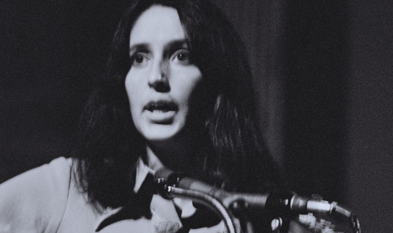 American singer, songwriter and musician Joan Baez playing a 'Martin' acoustic guitar as she performs at the 'Operation Airlift Biafra Benefit' at The Scene Club in Manhattan, New York City, New York, 12th August 1968. The benefit concert raised money for refugees of the Biafra-Nigeria Civil War.