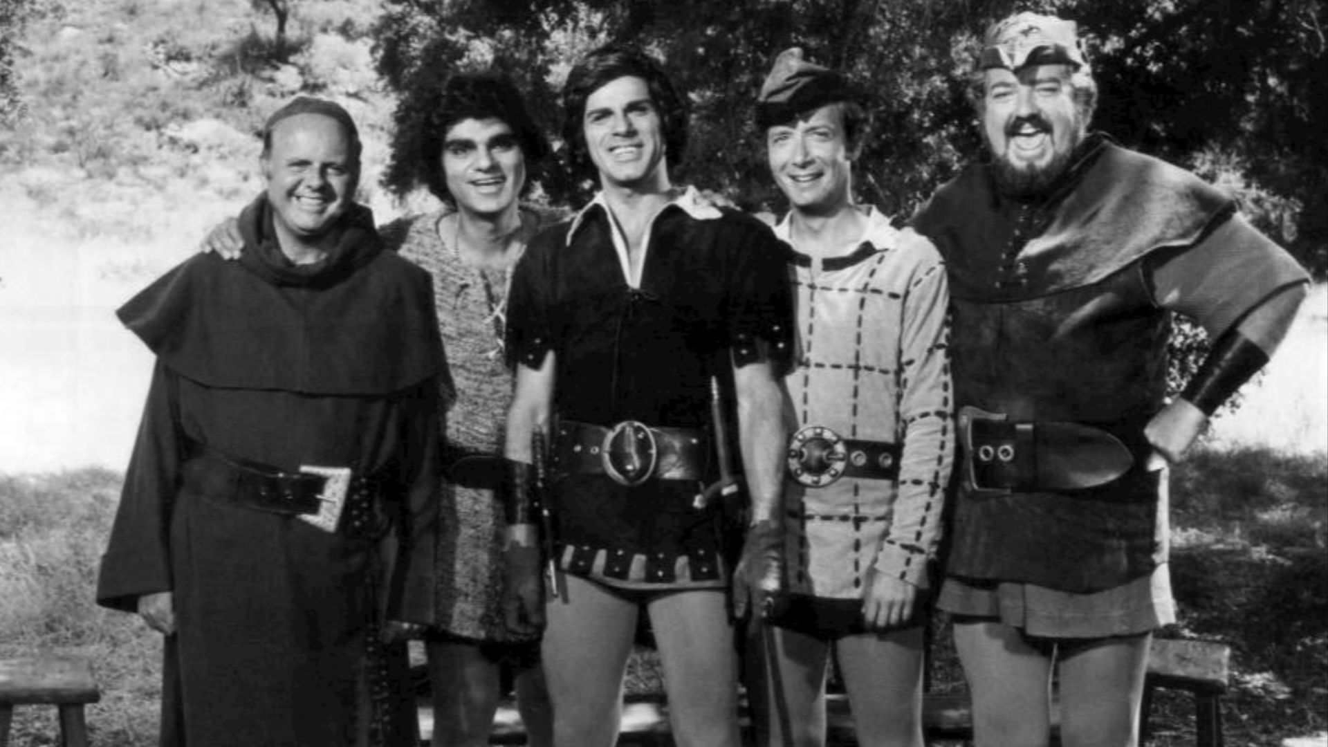 Cast photo from the short-lived television program When Things Were Rotten.  From left-Dick Van Patten, Richard Dimitri, Richard
