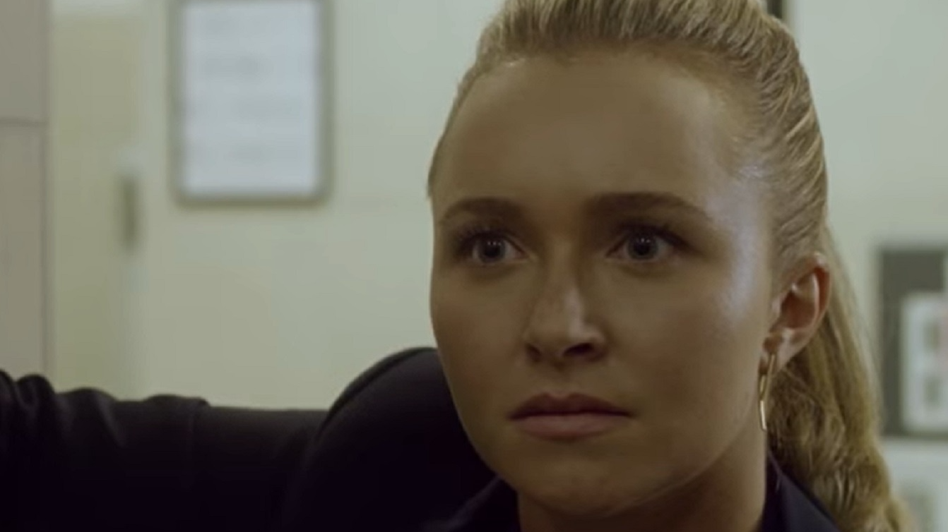 Screenshot: Hayden Panettiere wearing black suit looking upset at side - From Custody  2016