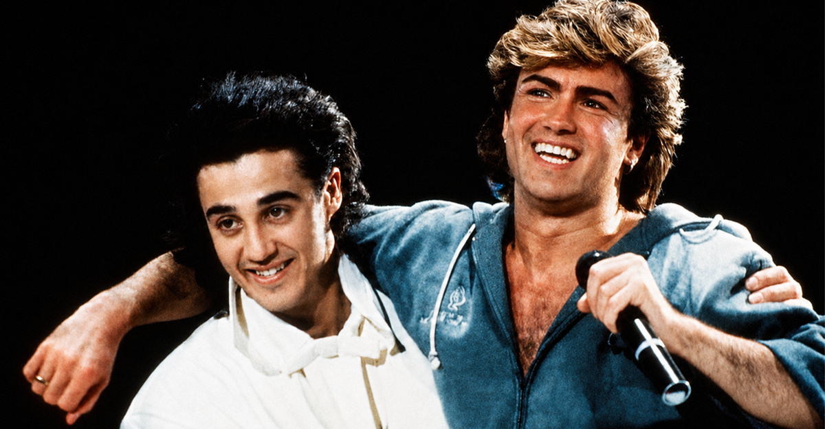 Andrew Ridgeley and George Michael of Wham performing on stage in 1985