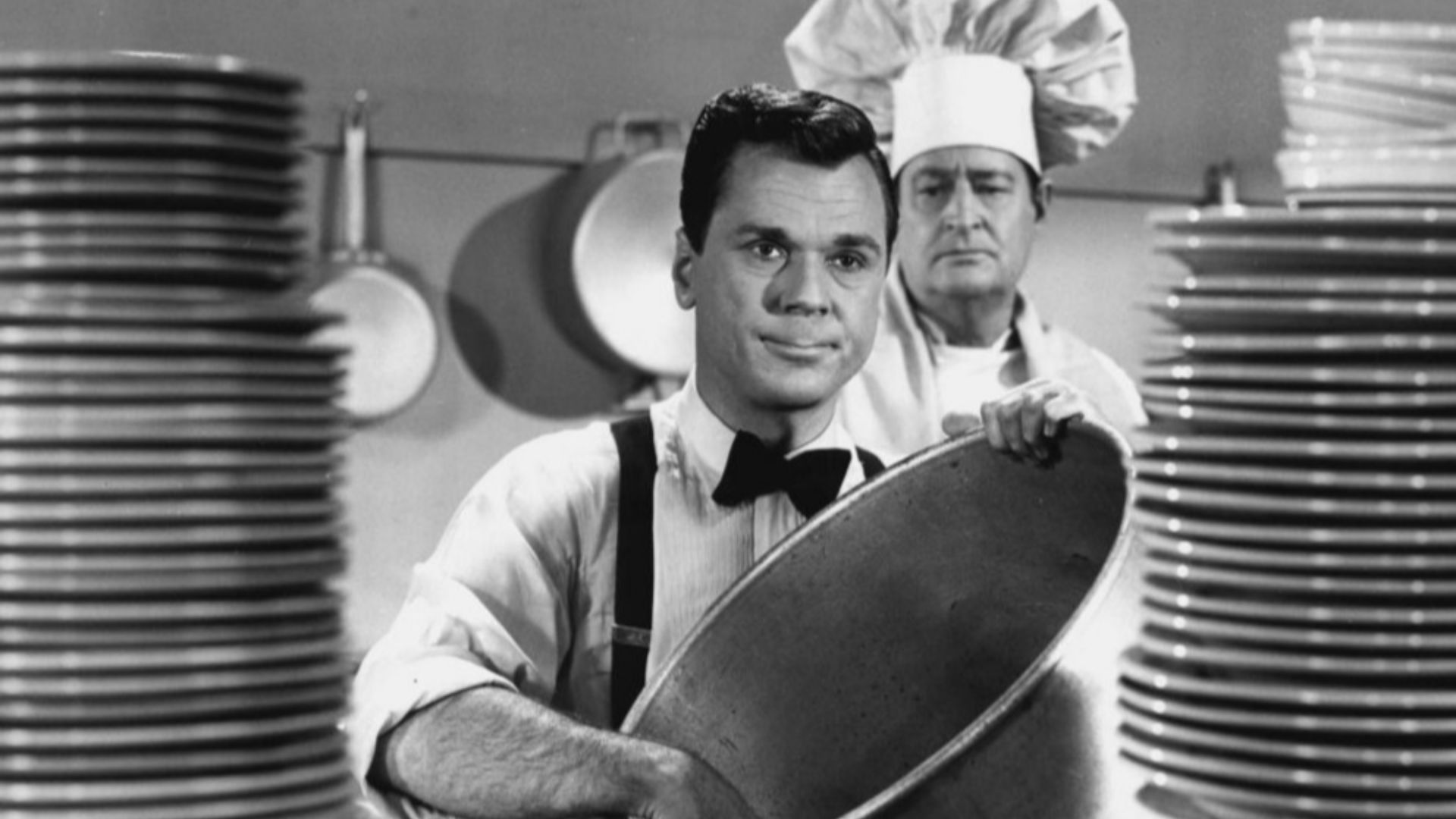 Photo of Jackie Cooper as Socrates (Sock) Miller from the television program The People's Choice. In this episode, Sock's restaurant tab is more than what's in his wallet, so he ends up washing dishes to pay the bill.