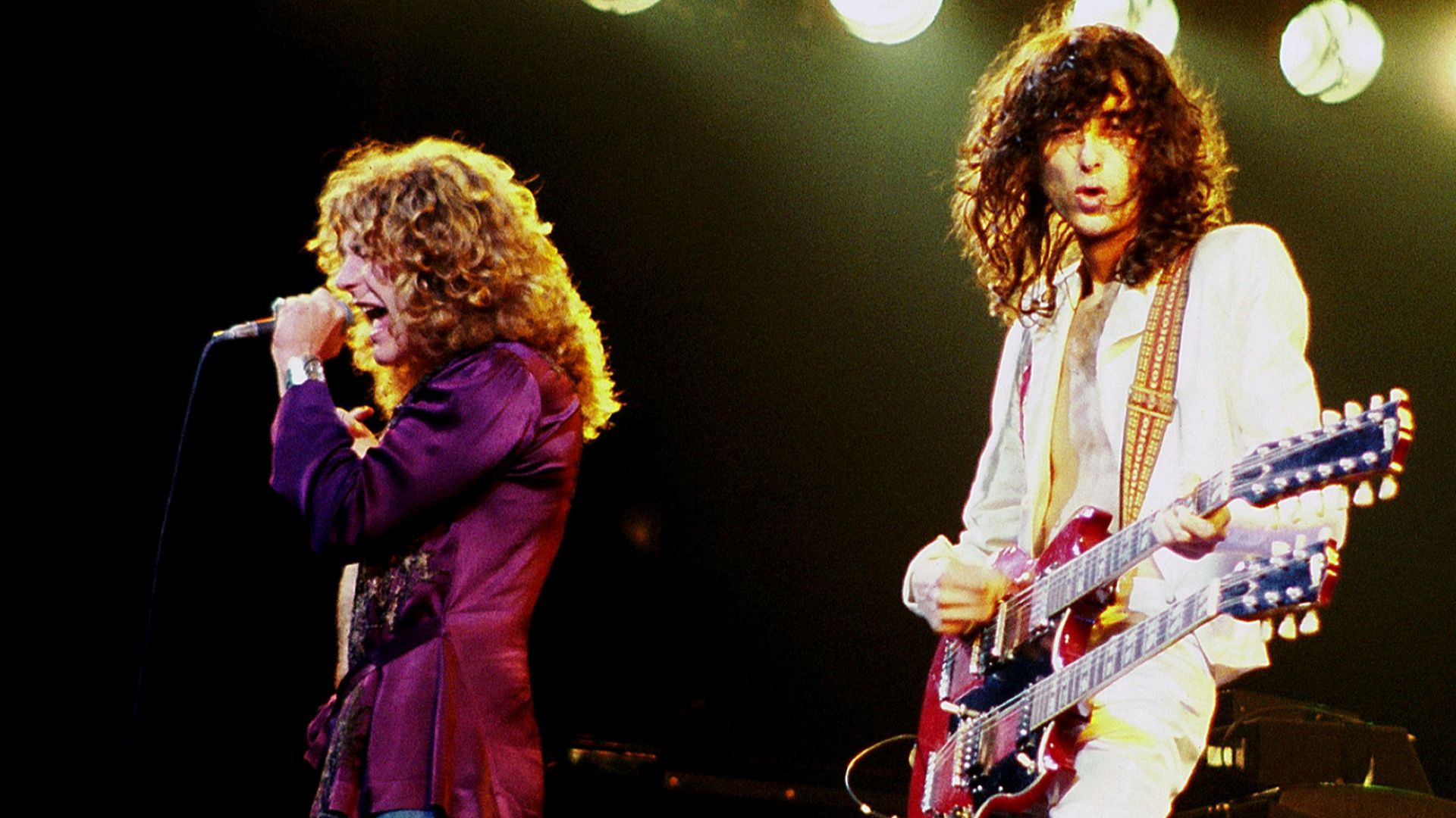 Robert Plant (left) and Jimmy Page (right) of Led Zeppelin, in concert in Chicago, Illinois