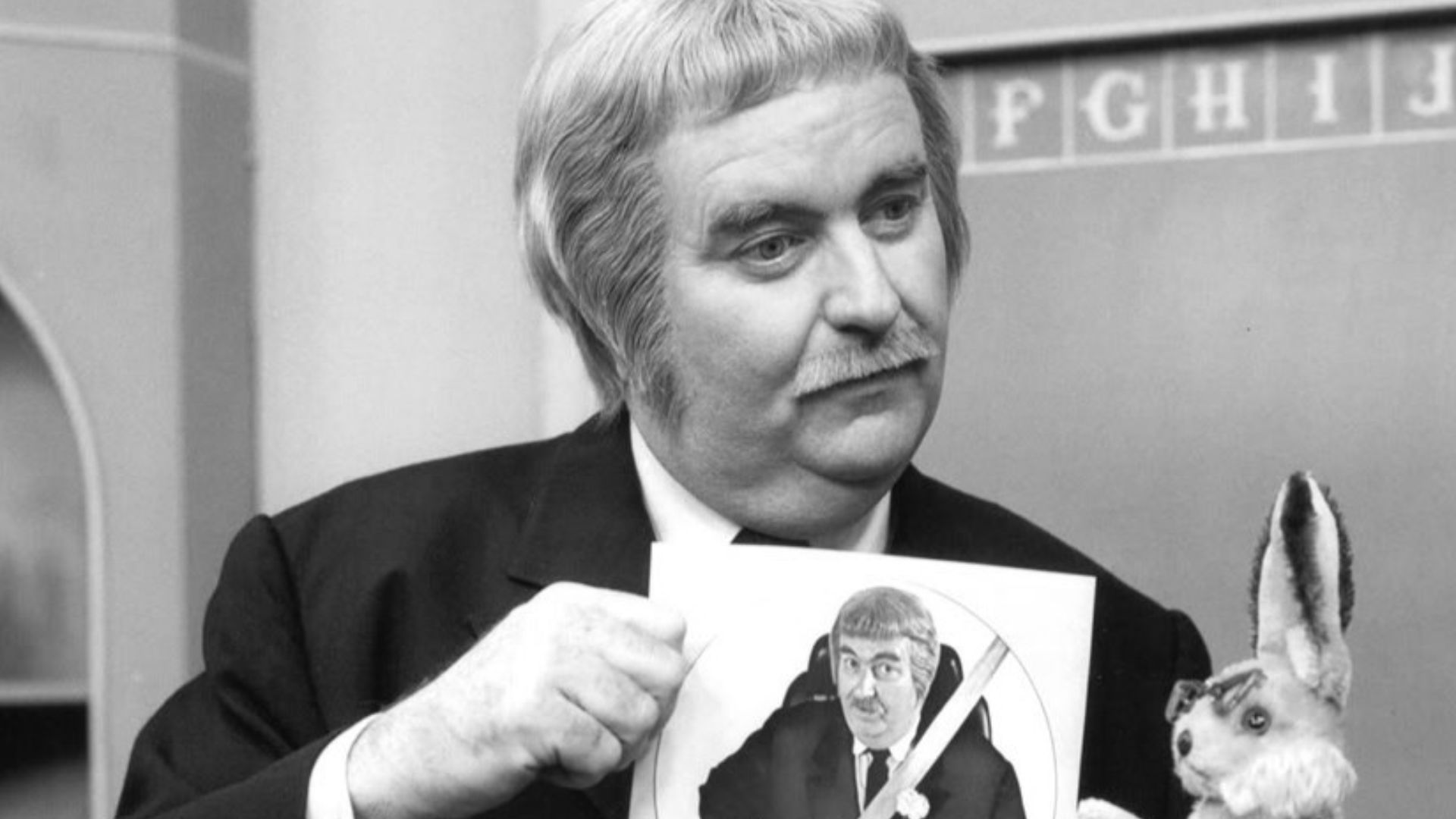Publicity photo of Bob Keeshan as Captain Kangaroo and Bunny Rabbit as part of a seat belt campaign.