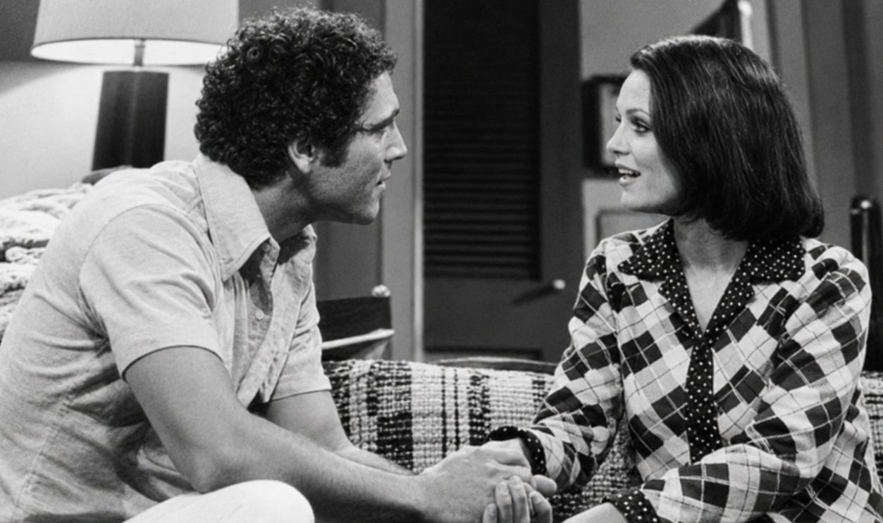 Photo of David Groh (Joe Girard) and Valerie Harper (Rhoda Morgenstern) from the television series Rhoda. In this episode, Joe asks Rhoda to live with him to see if they're compatible. 
