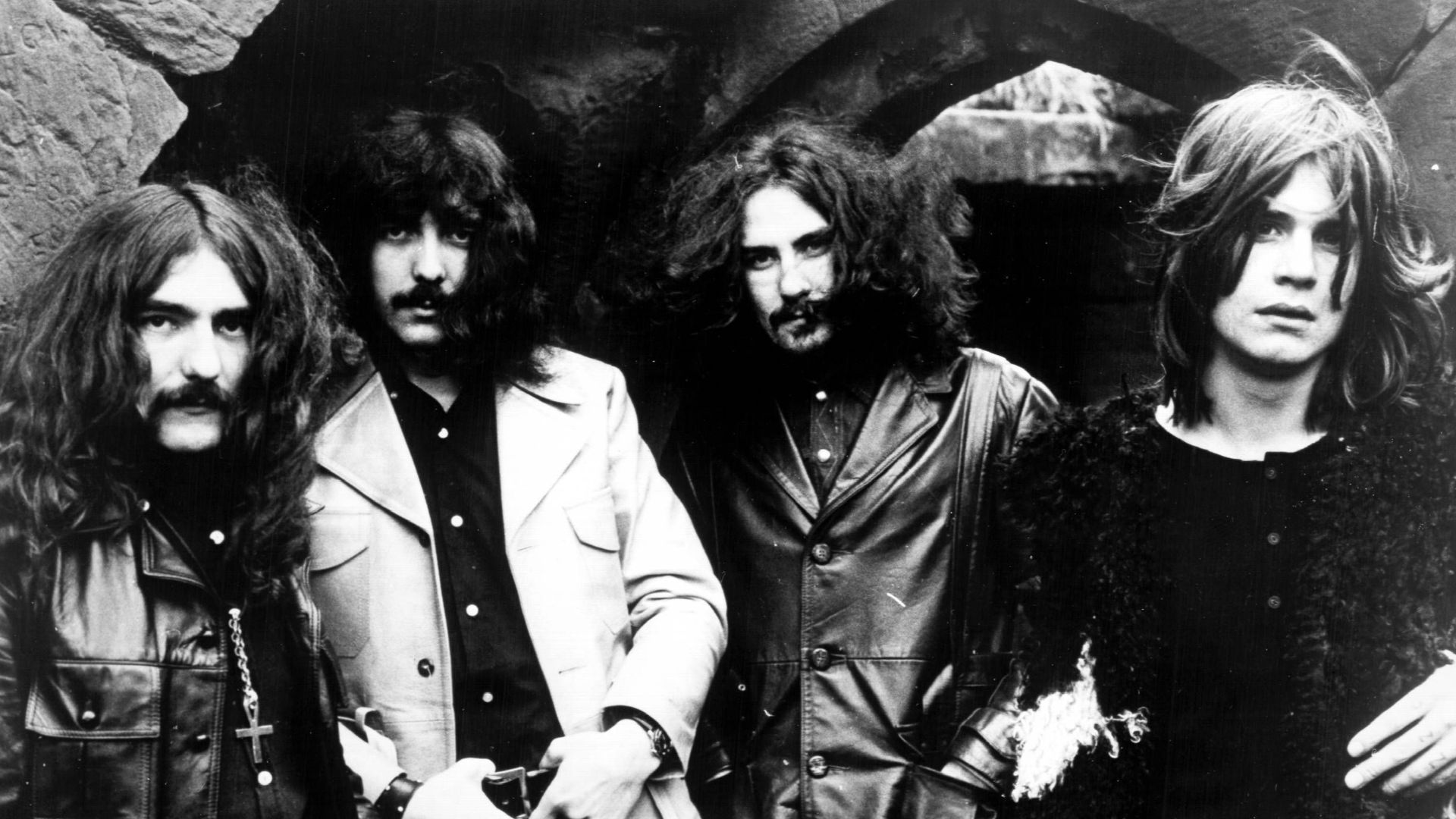 Trade ad for Black Sabbath's album Black Sabbath (1970). From left to right: Geezer Butler, Tony Iommi, Bill Ward, Ozzy Osbourne.