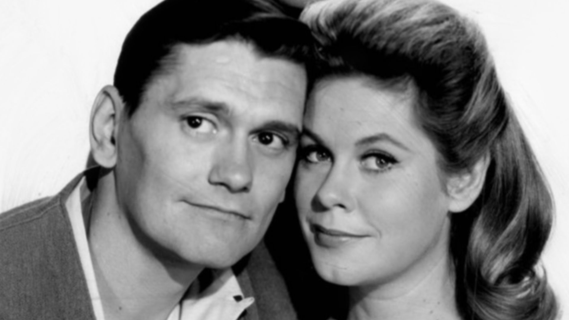 Main cast photo from the premiere of the television progam Bewitched.  At top is Agnes Moorehead as Endora, the mother of Samantha Stephens.  Left is Dick York as Darrin Stephens, and right is Elizabeth Montgomery as his wife, Samantha.