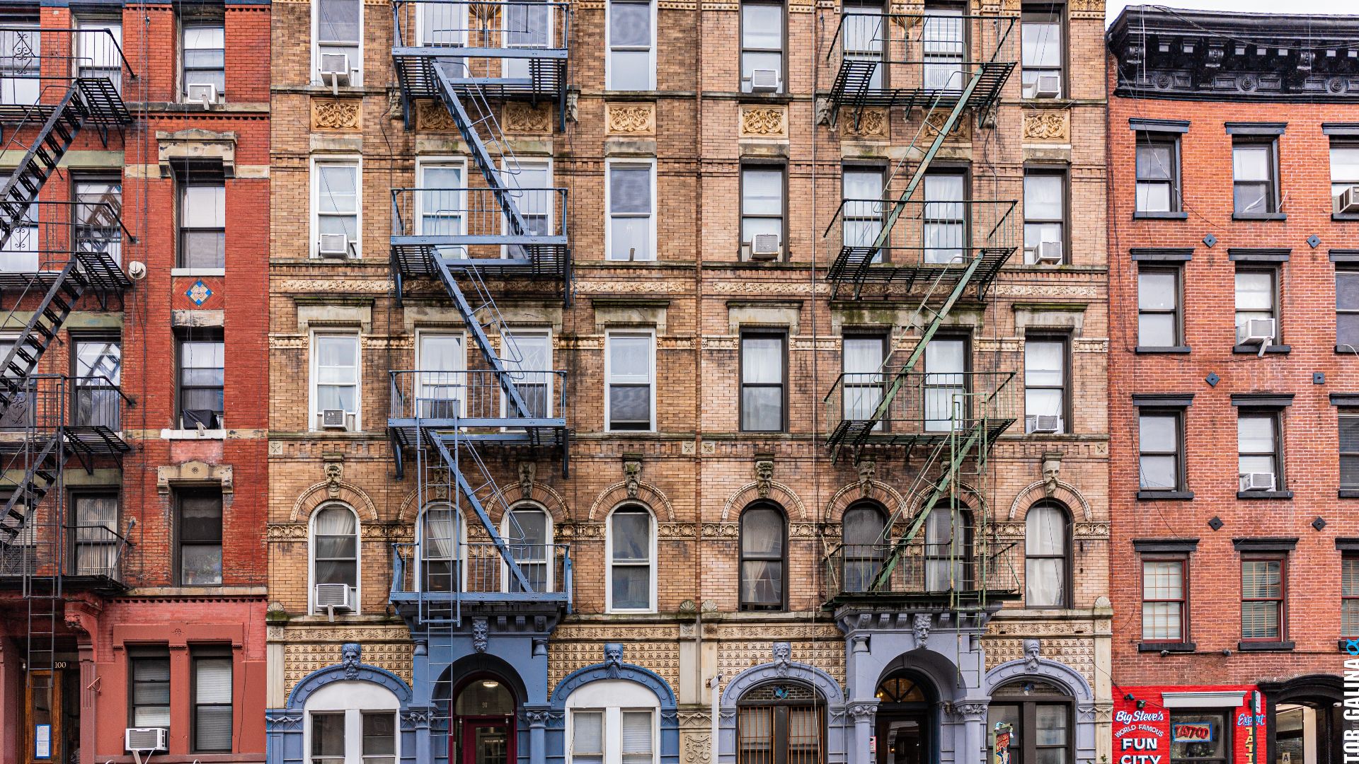 96 and 98 St. Mark's Place, East Village, New York City. The two tenements appeared on the cover of w:Led Zeppelin's w:Physical Graffiti