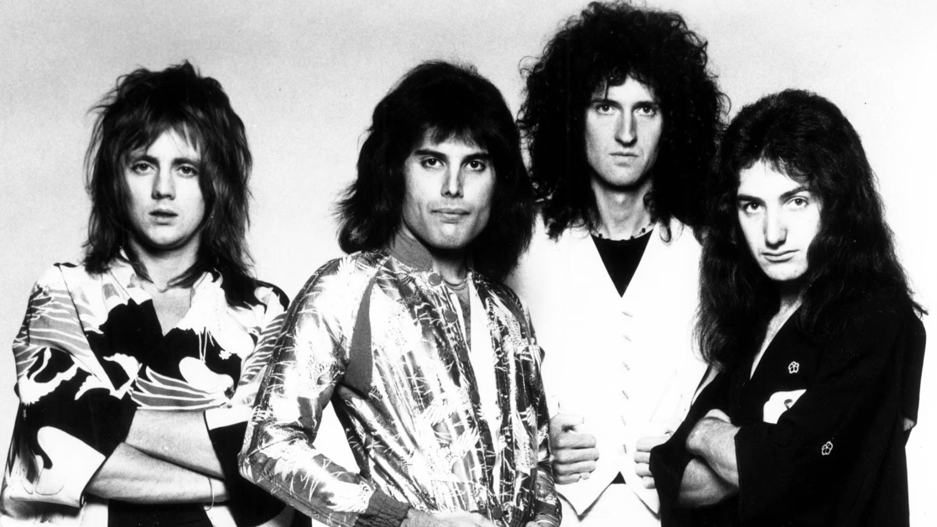 Musical group Queen, in a 1975 promotional photo for their album A Night At The Opera. Photo was published by their American label Elektra Records.