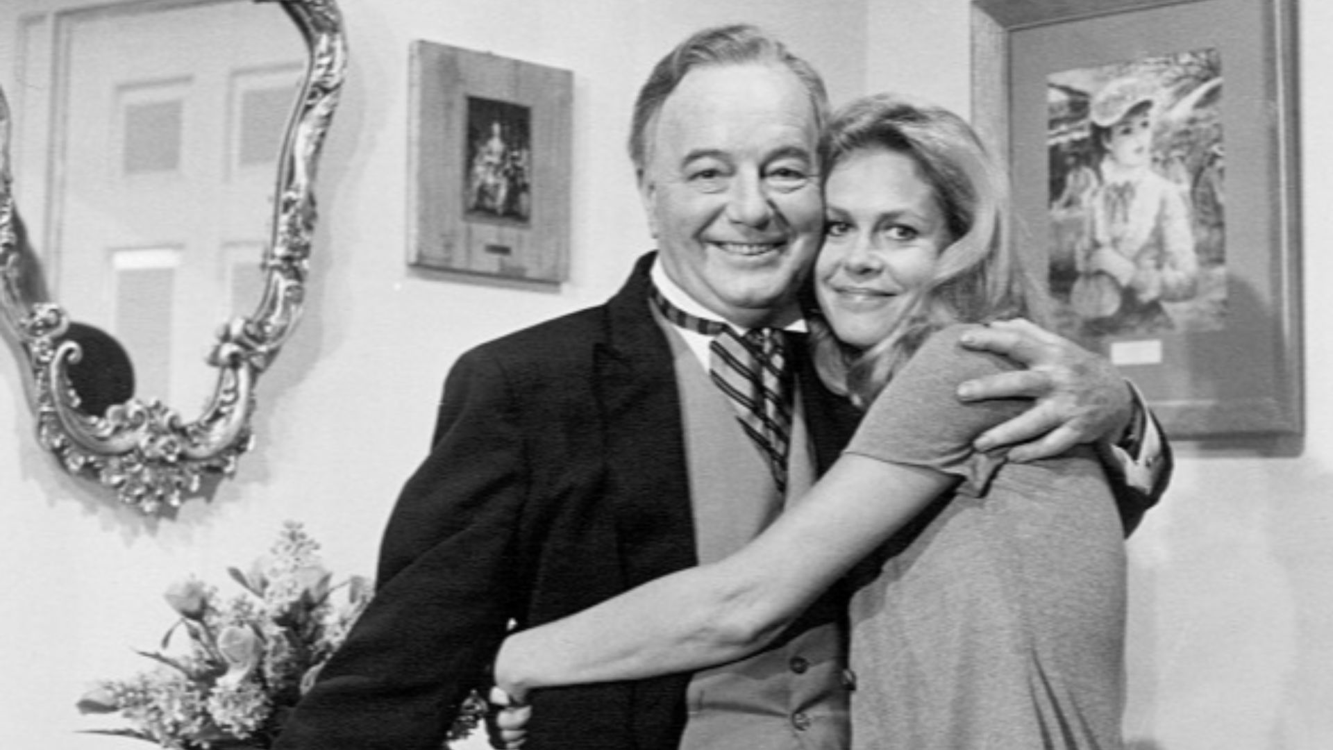 Photo of Maurice Evans as Samantha's Dad, Maurice and Elizabeth Montgomery as Samantha from Bewitched.  The family takes a trip to Paris in this episode.