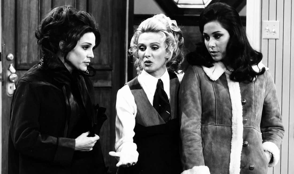 Photo scene from the television program The Mary Tyler Moore Show of Valerie Harper (Rhoda Morgenstern), Cloris Leachman (Phyllis Lindstrom), and Mary Tyler Moore in Mary Richards' apartment. *Note - this came from a press release dated 1977. The scene is from the first episode airing on September 19, 1970 where Mary Richards first meets Rhoda and Phyllis after moving into her apartment. 