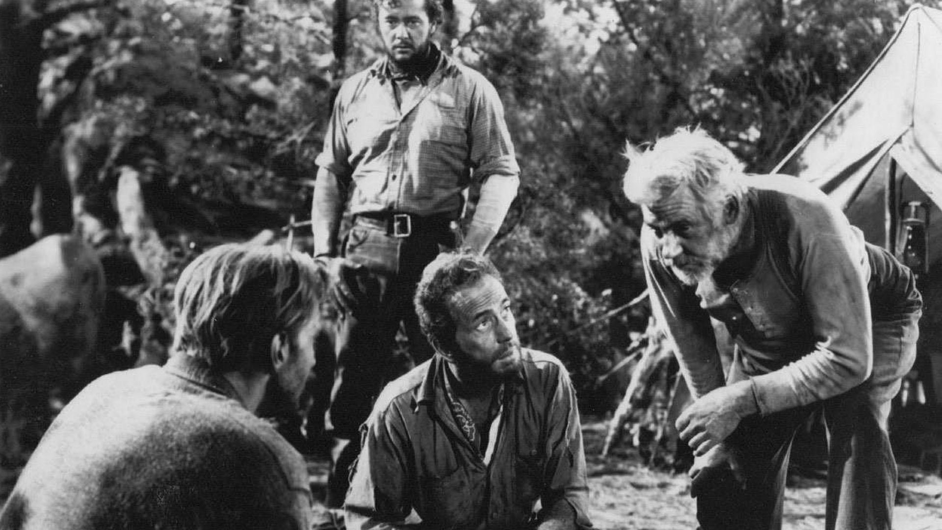 Humphrey Bogart and Walter Huston in American drama-adventure neo-western film The Treasure of the Sierra Madre (1948). See also film still. No copyright notice.