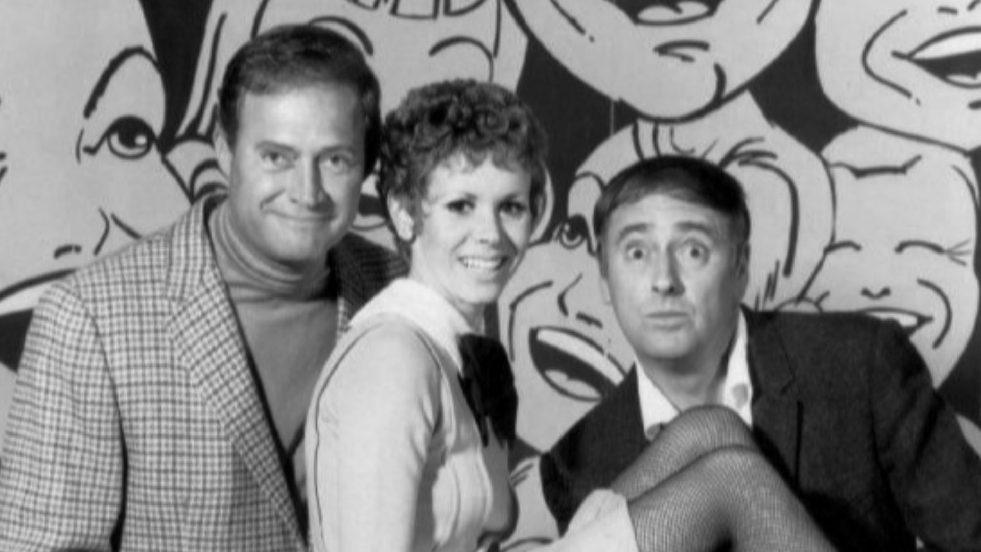 Publicity photo of Dan Rowan, Dick Martin, and Judy Carne as she joins the Rowan & Martin's Laugh-In cast.