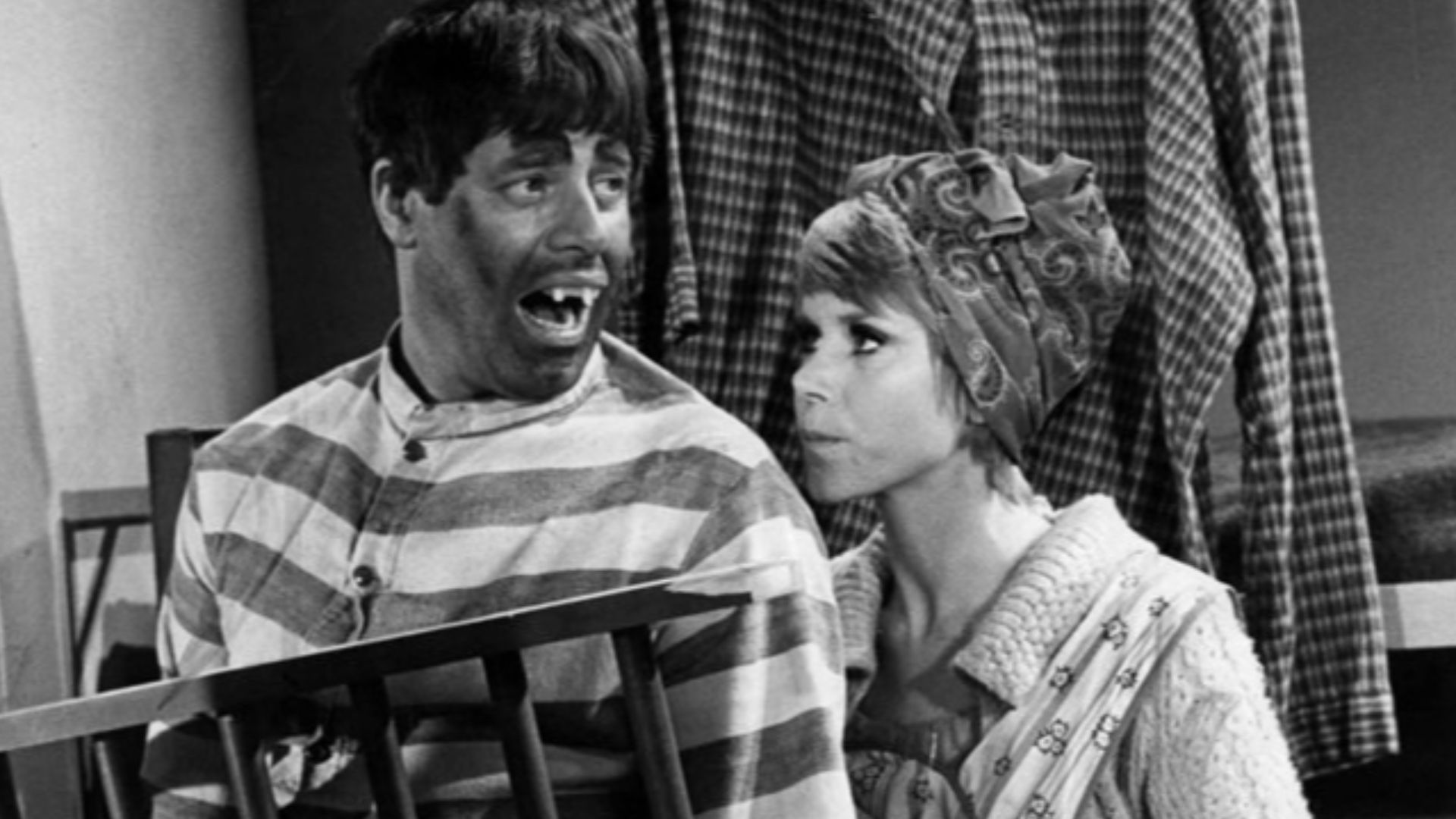 Photo of Jerry Lewis and Judy Carne in a skit from his variety television program The Jerry Lewis Show.