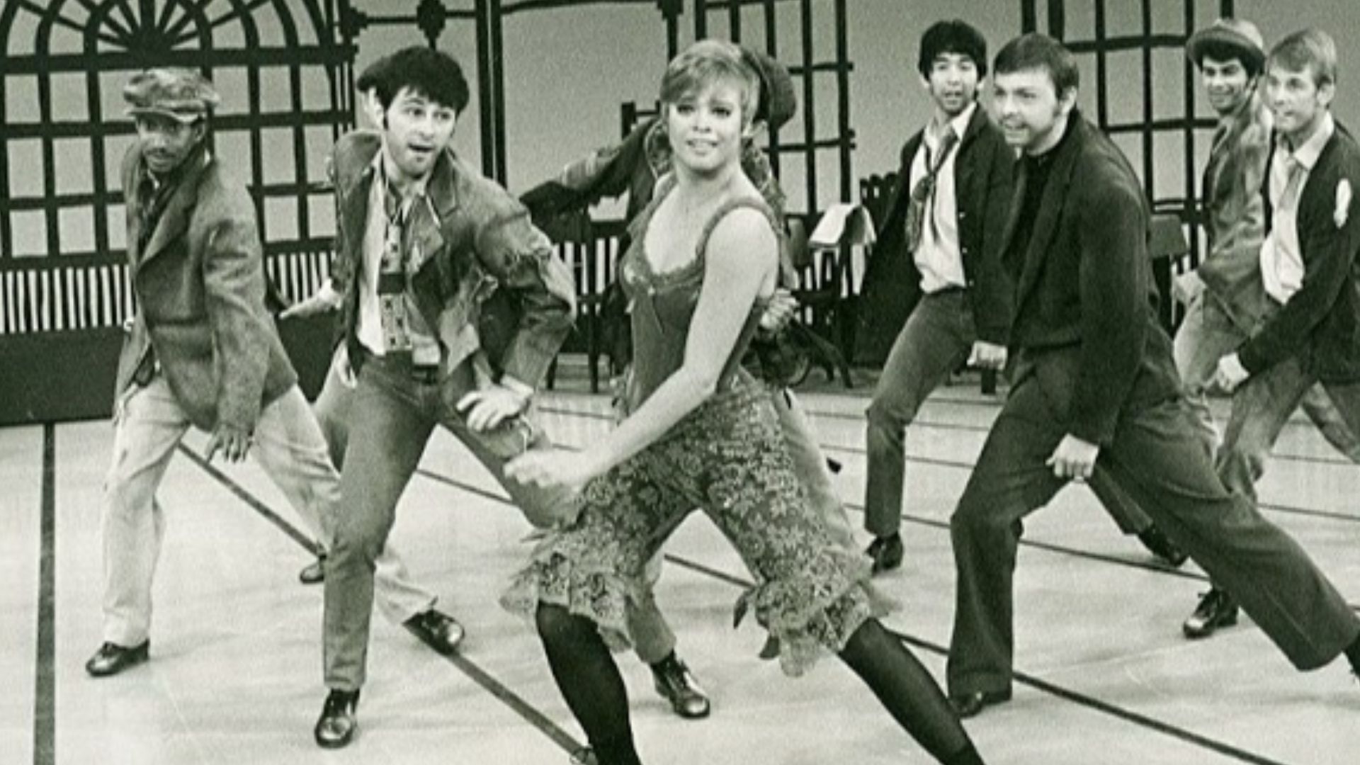 Juliet Prowse with male dancers in The Jonathan Winters Show, Episode#2.23 - publicity still (cropped)