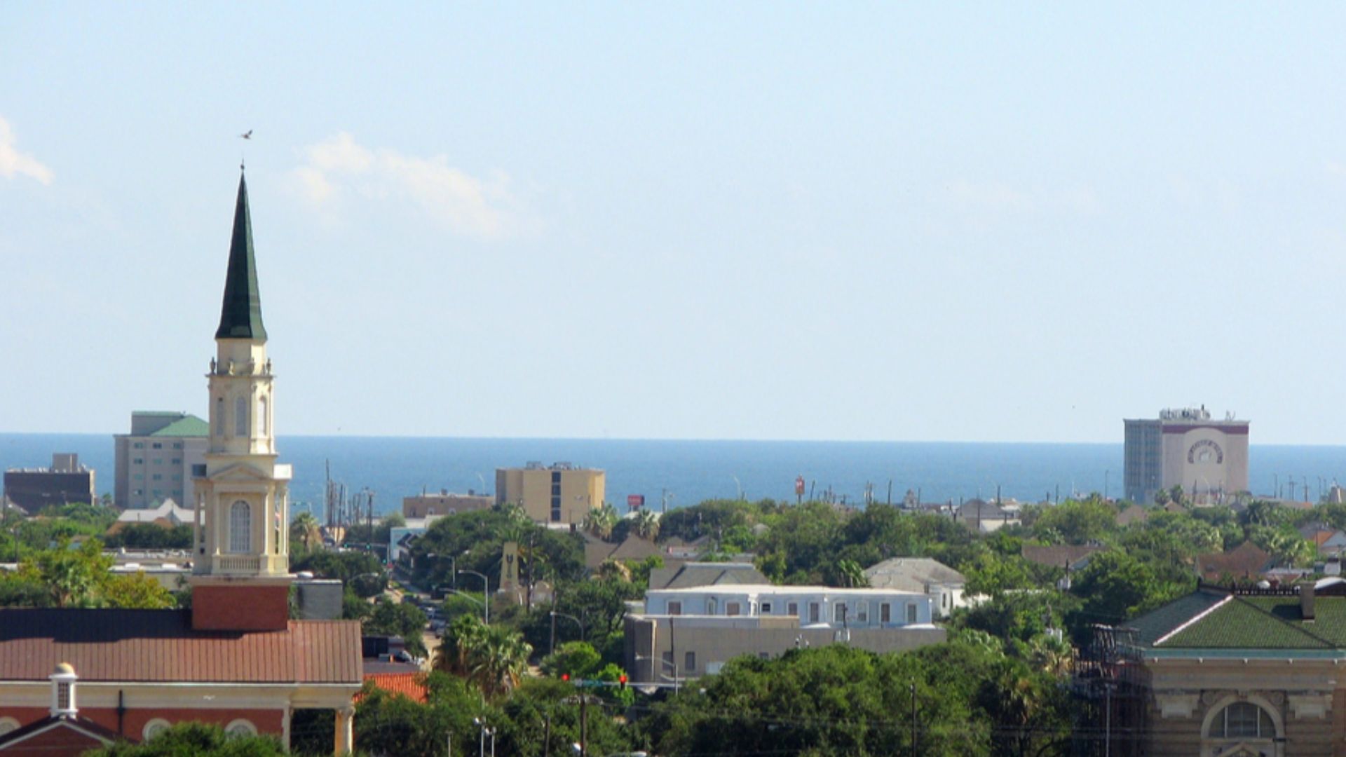 Skyline of Galveston, Texas, looking south towards the Gulf of Mexico.
