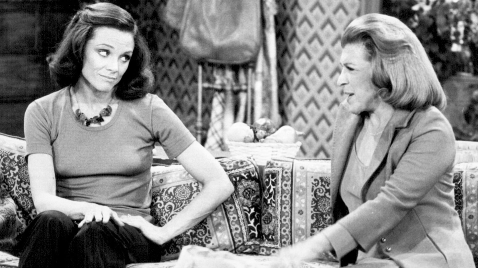 Photo of Valerie Harper (Rhoda) and Nancy Walker (Ida Morgenstern) from the television series Rhoda.  In this scene, Ida offers her daughter some advice.