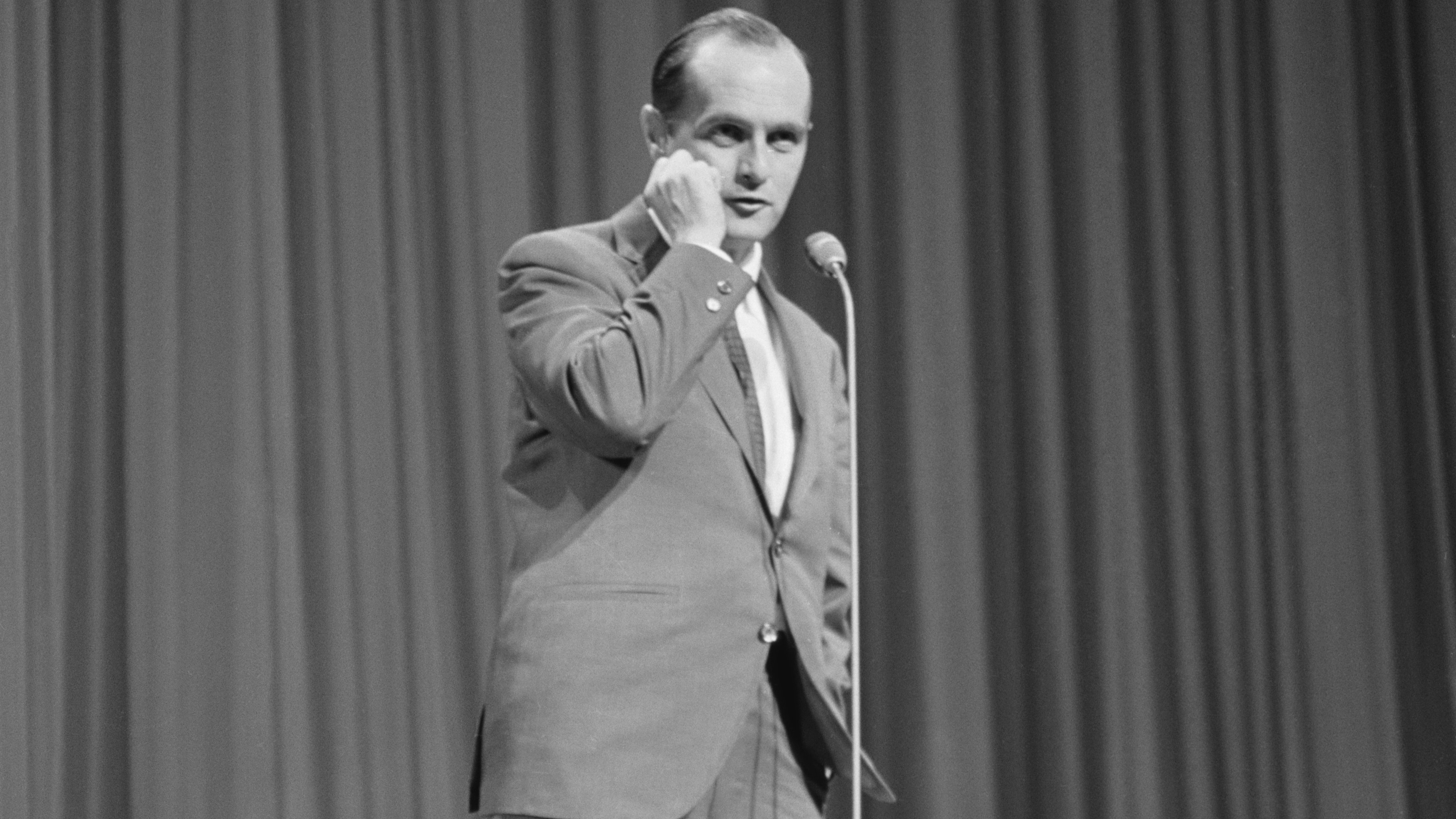 American comedian and actor Bob Newhart pictured on stage performing in the Royal Variety Performance a