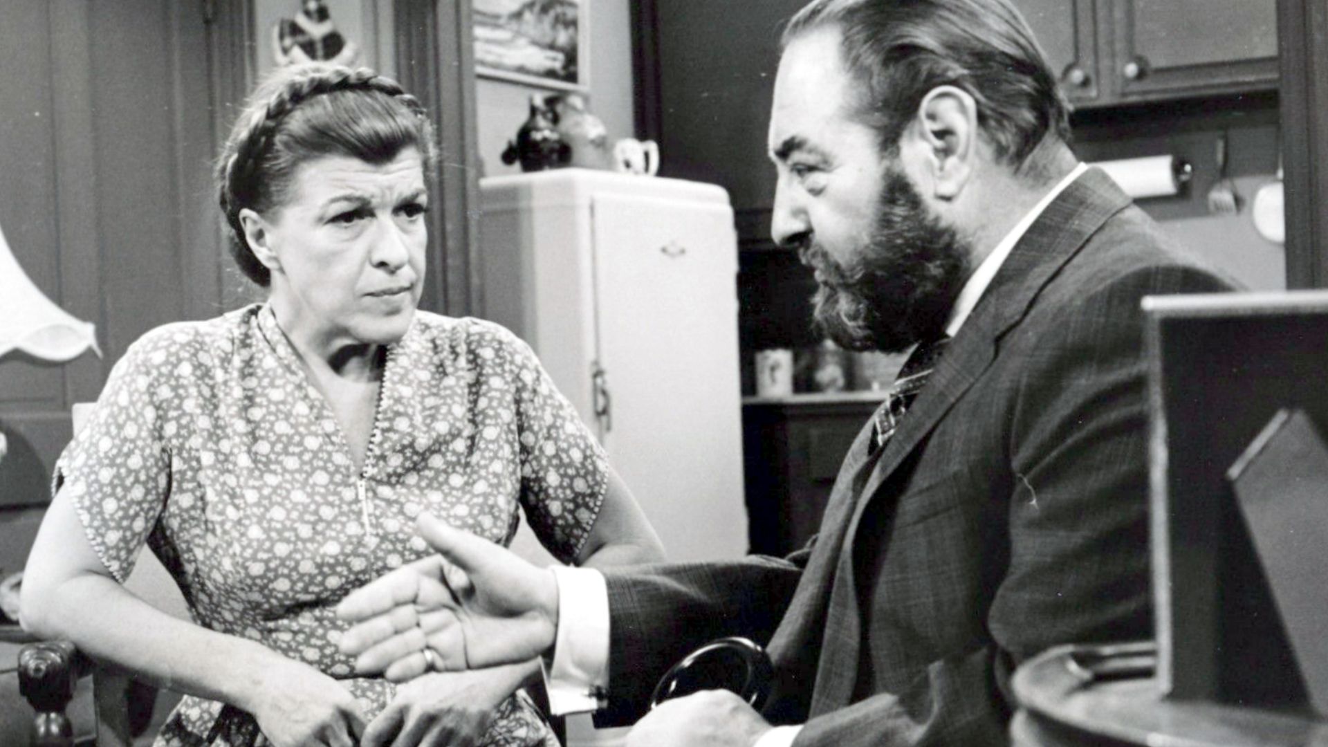 Actor Sebastian Cabot and actress Nancy Walker in a promotional photograph for the CBS Television show Family Affair in 1970