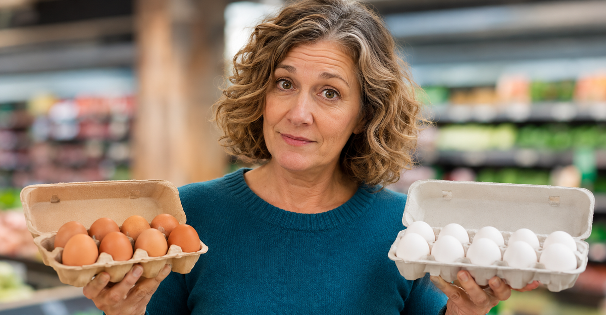 AI-generated image of a woman holding cartons of eggs in a grocery store