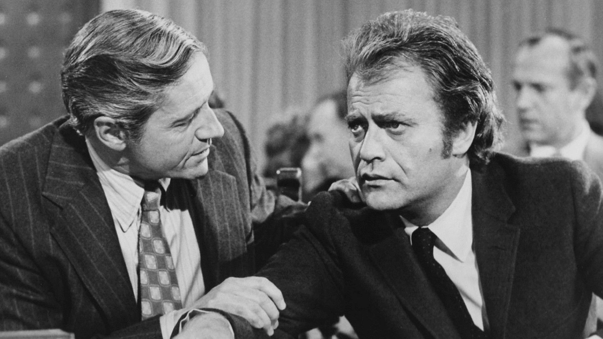 Photo of Arthur Hill as Owen Marshall and guest star Vic Morrow from the television series Owen Marshall:Counselor at Law.