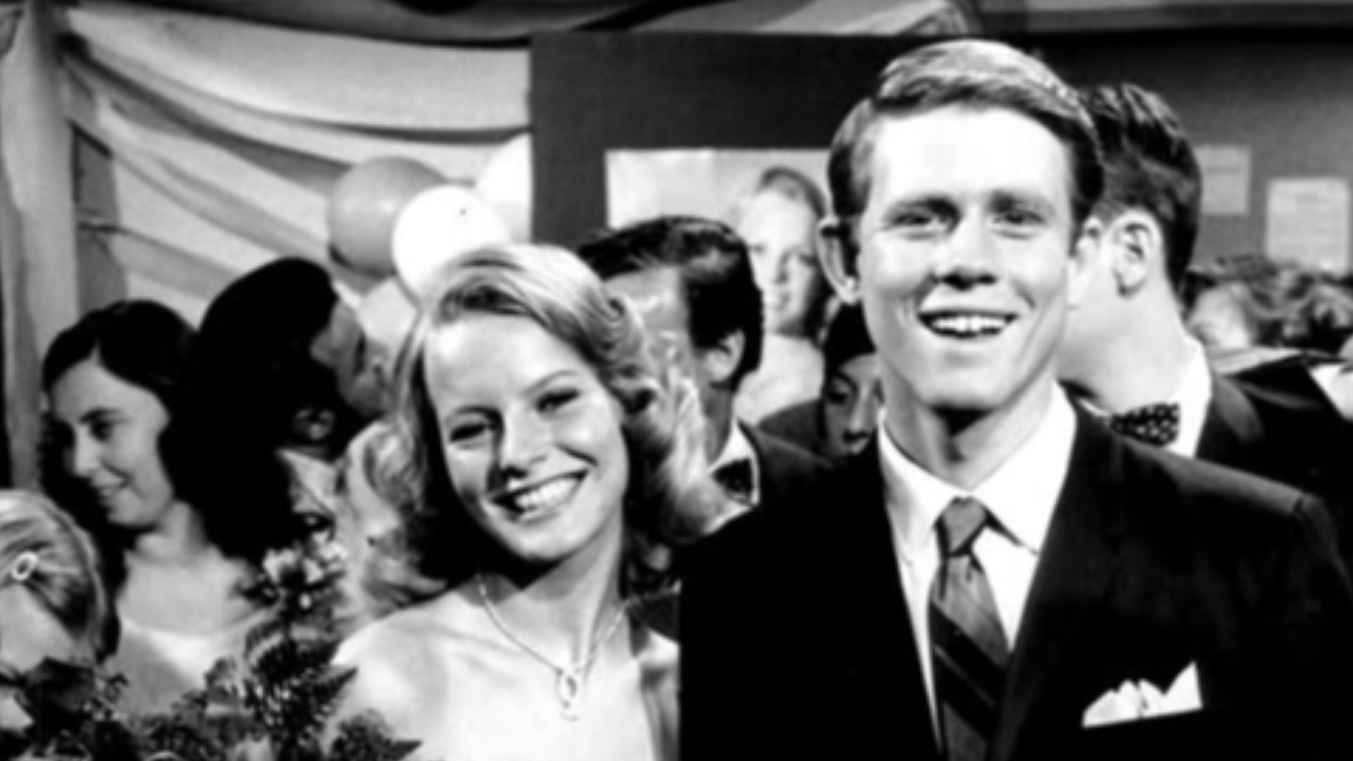 Photo from the television program Happy Days.  In this episode, Richie (Ron Howard) wins a date with starlet Cindy Shea (Cheryl Ladd).  He takes her to the Jefferson High School Victory Dance.