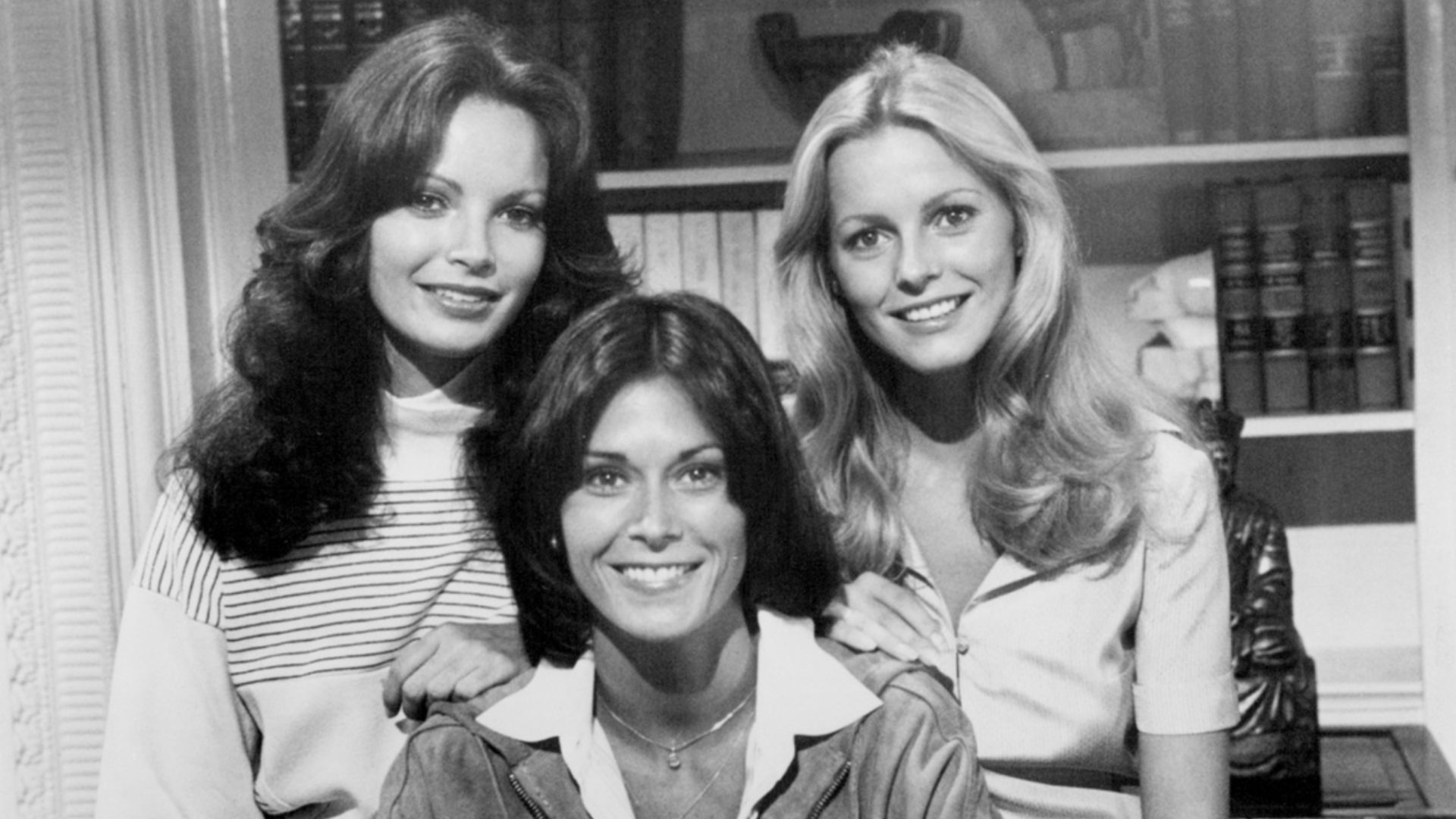 Photo of the cast of the television program Charlie's Angels.  Left: Jaclyn Smith.  Right: Cheryl Ladd.  Center: Kate Jackson.