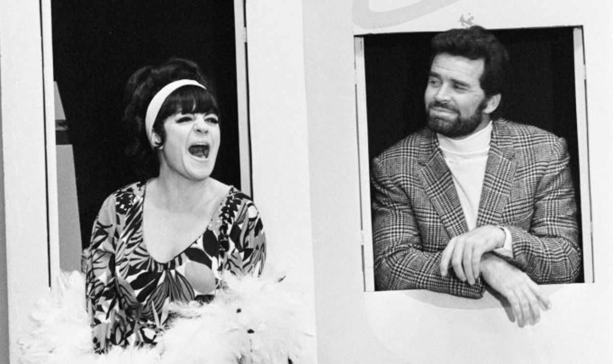Rowan & Martin's Laugh-In, an American sketch comedy television program on the NBC television network, behind the scenes filming for series 2 episode 22, (aired Monday 3rd March 1969), in studio, Wednesday 15th January 1969, picture shows Jo Anne Worley, series regular with James Garner.