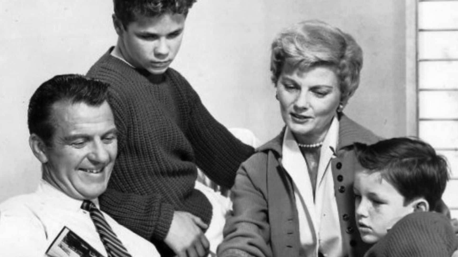 Photo of the Cleaver family from the television program Leave it to Beaver.  From left: Hugh Beaumont (Ward), Tony Dow (Wally), Barbara Billingsley (June), Jerry Mathers (Theodore AKA
