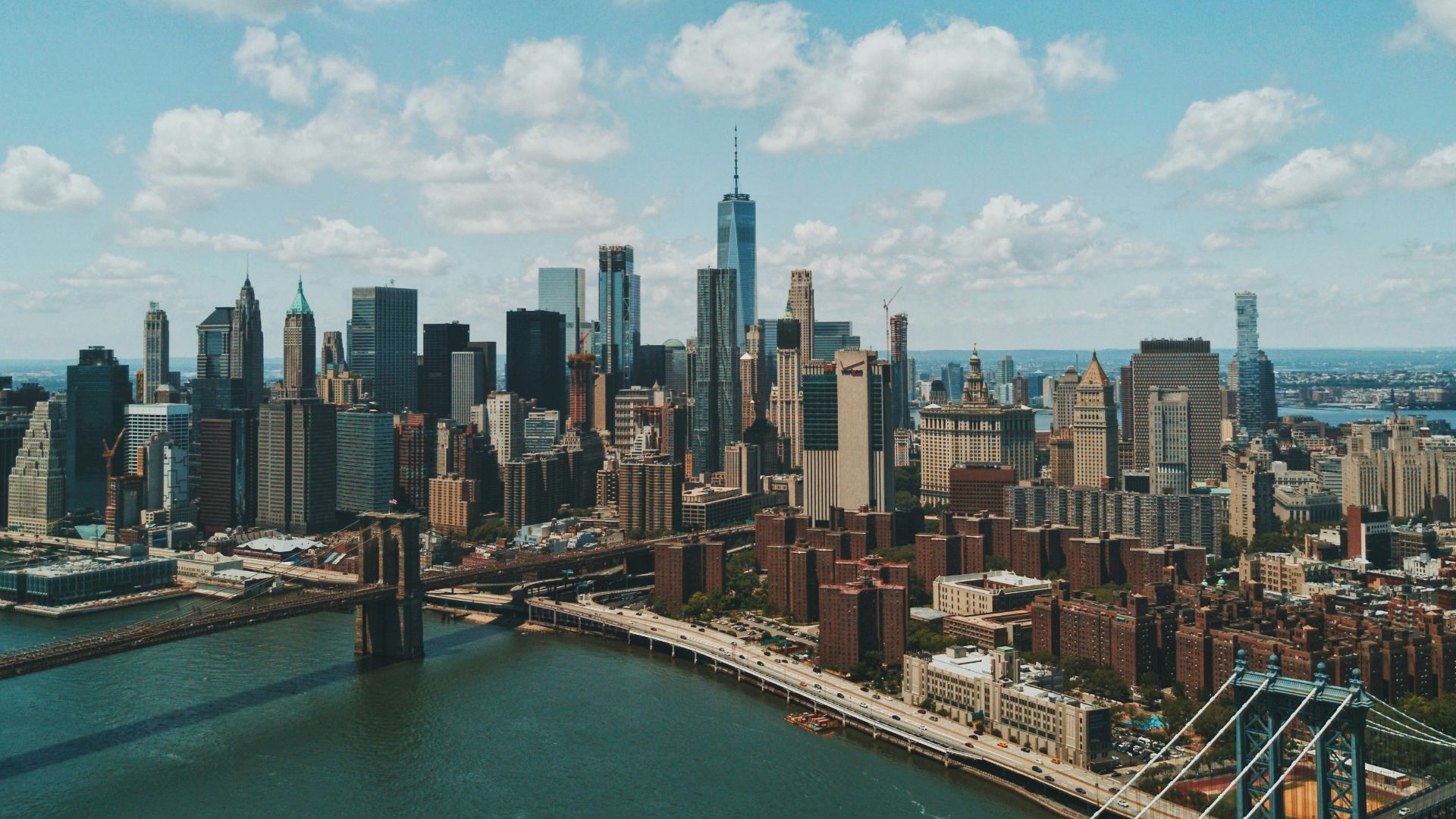 The Manhattan skyline and Brooklyn Bridge over the East River in New York