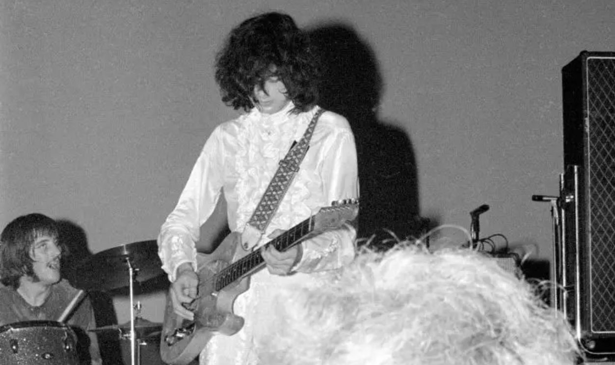 John Bonham and Jimmy Page of Led Zeppelin perform on stage at the band's first live show, billed as The New Yardbirds, at Gladsaxe Teen Club, Copenhagen, Denmark, 7th September 1968.